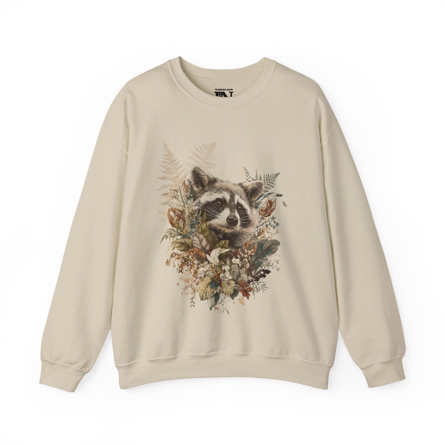 Woodland Raccoon Crewneck Sweatshirt, Floral Graphic Sweater, Nature Lover Gift, Boho Style, Rustic Wildlife Art, Fall Winter Hiking Apparel