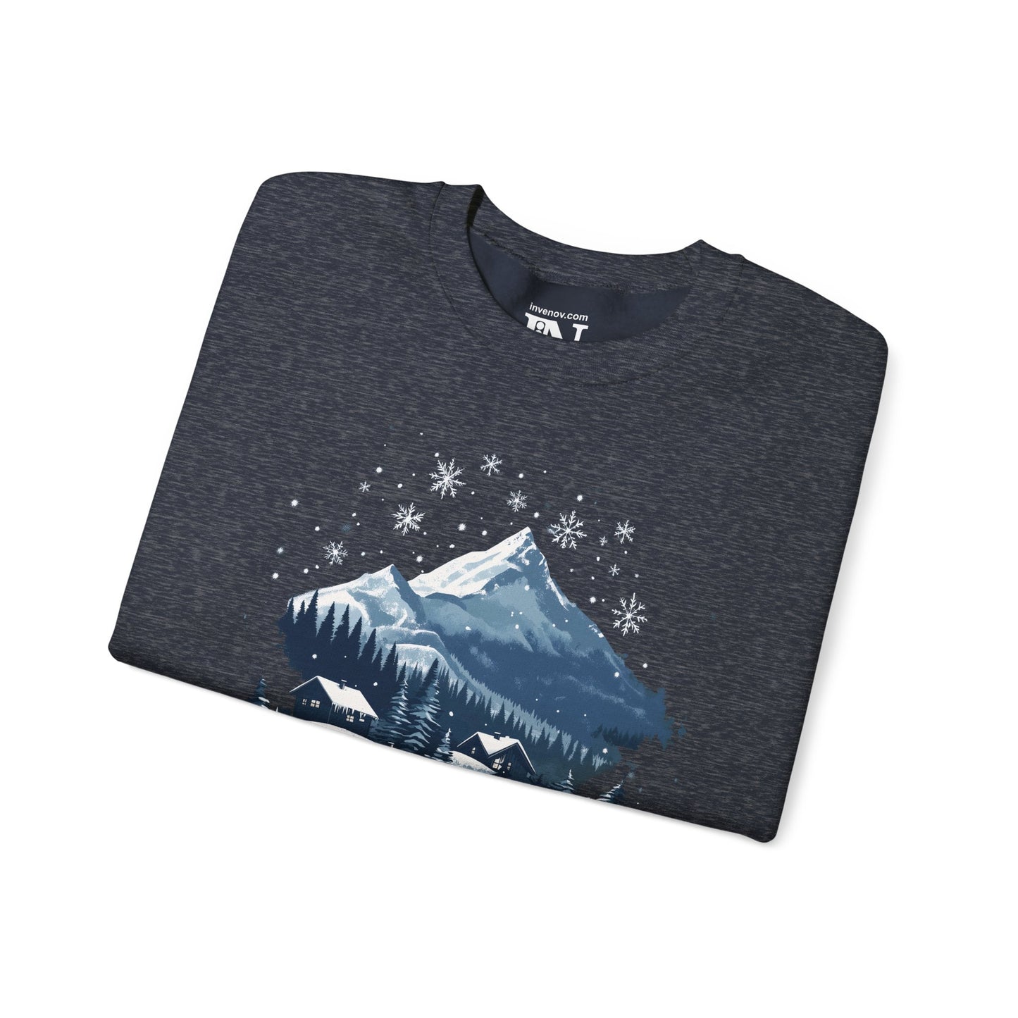 Winter Serenity Graphic Sweatshirt, Peaceful Snowy Mountain Scene, Cozy Cabin, Minimalist Snowfall Design, Soft Blue White Silver Tone