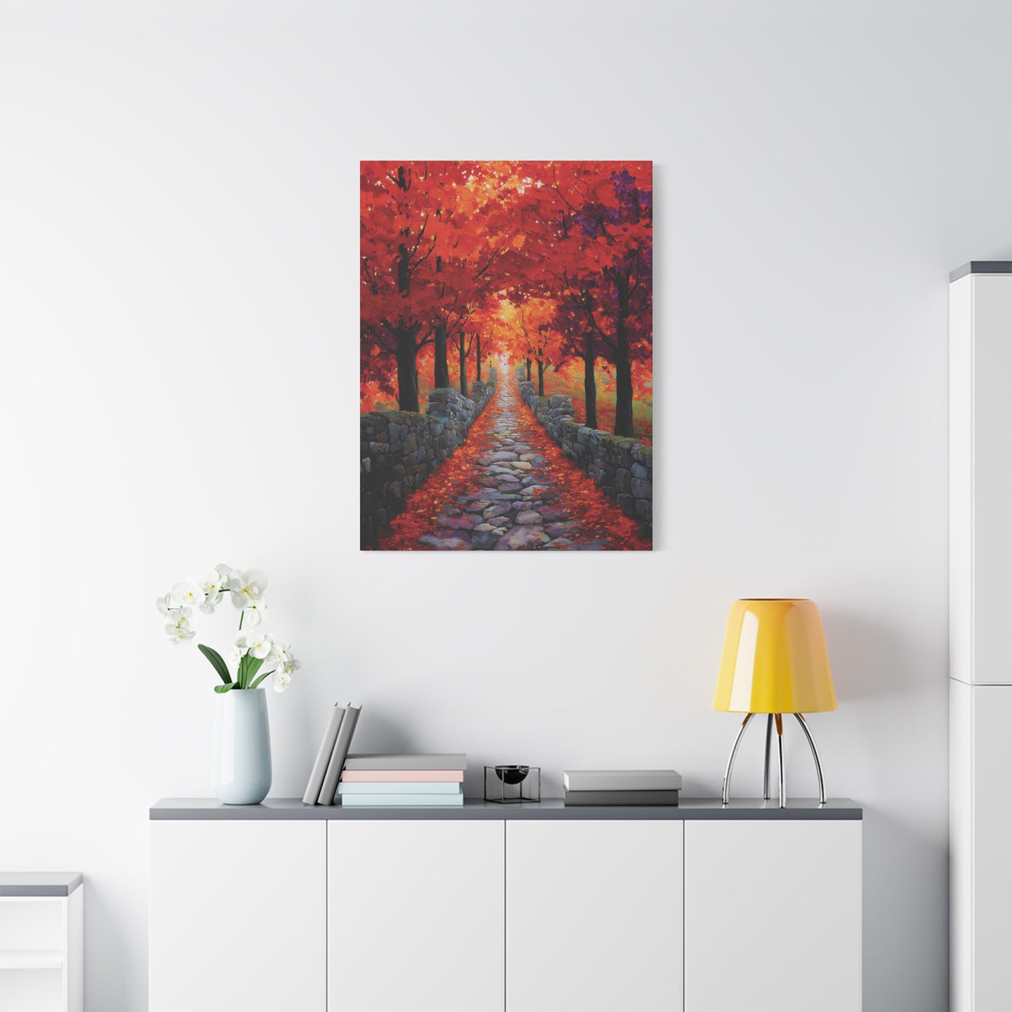 Autumn Stone Path Canvas Print Wall Art, Oil Painting Style Vibrant Fall Foliage Landscape Print for Cozy Fall Seasonal Home Decor