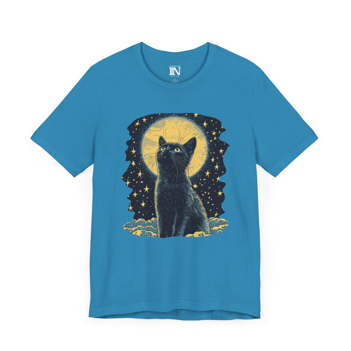 Mystical Cat Graphic T-Shirt, Night Sky Tee, Celestial Moon Cat Shirt, Ethereal Feline Top, Magical Cat Apparel, Cat Lover Shirt