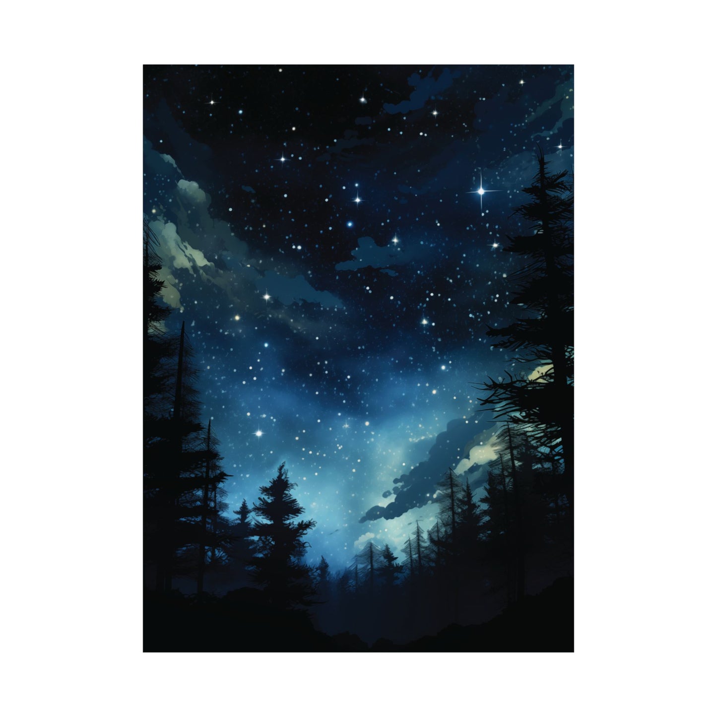 A poster depicting a night sky with stars and silhouettes of pine trees
