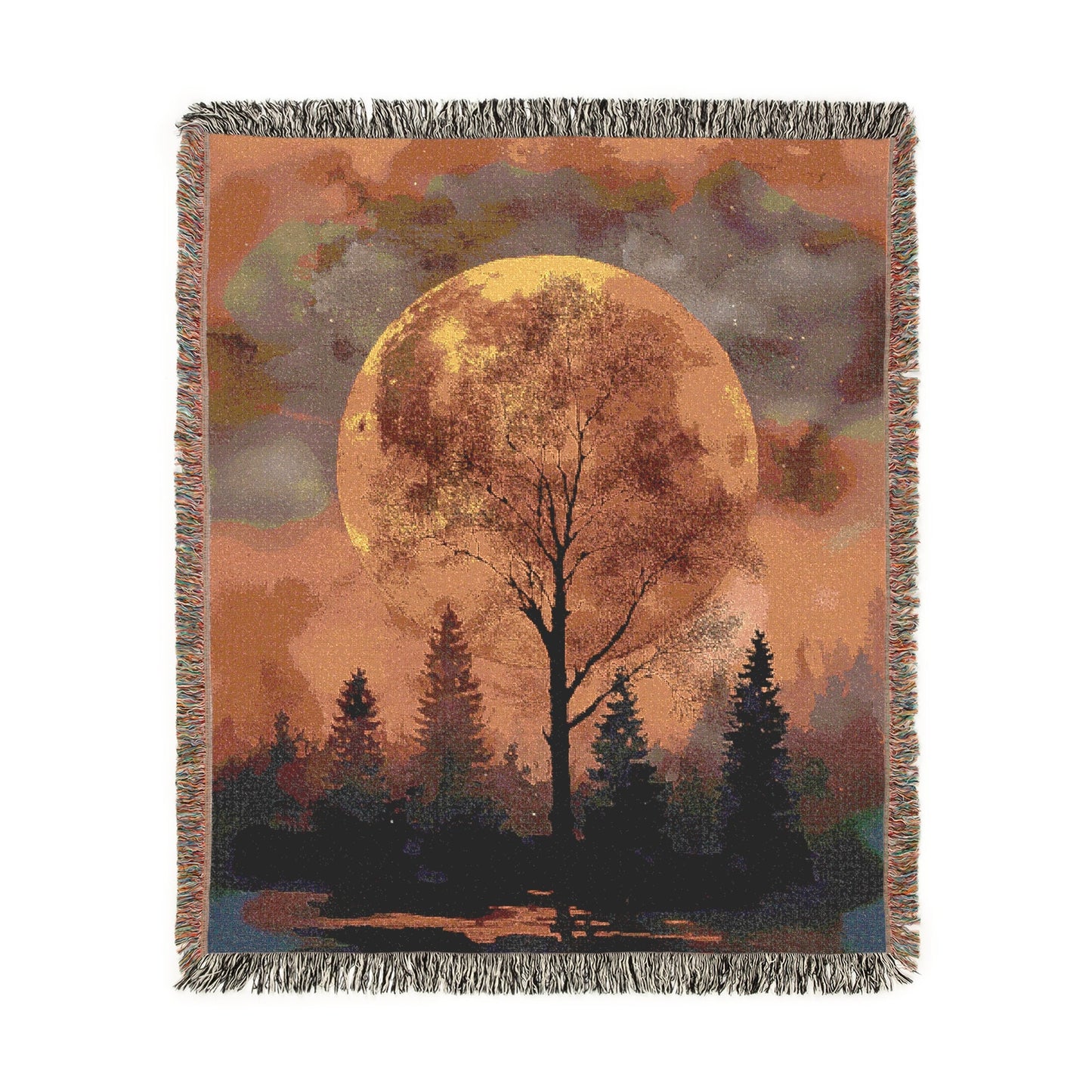 Autumn Forest Moon Woven Blanket, Full Moon Tree Silhouette Tapestry, Nature Lover Gift, Rustic Cabin Decoration, Fall Throws