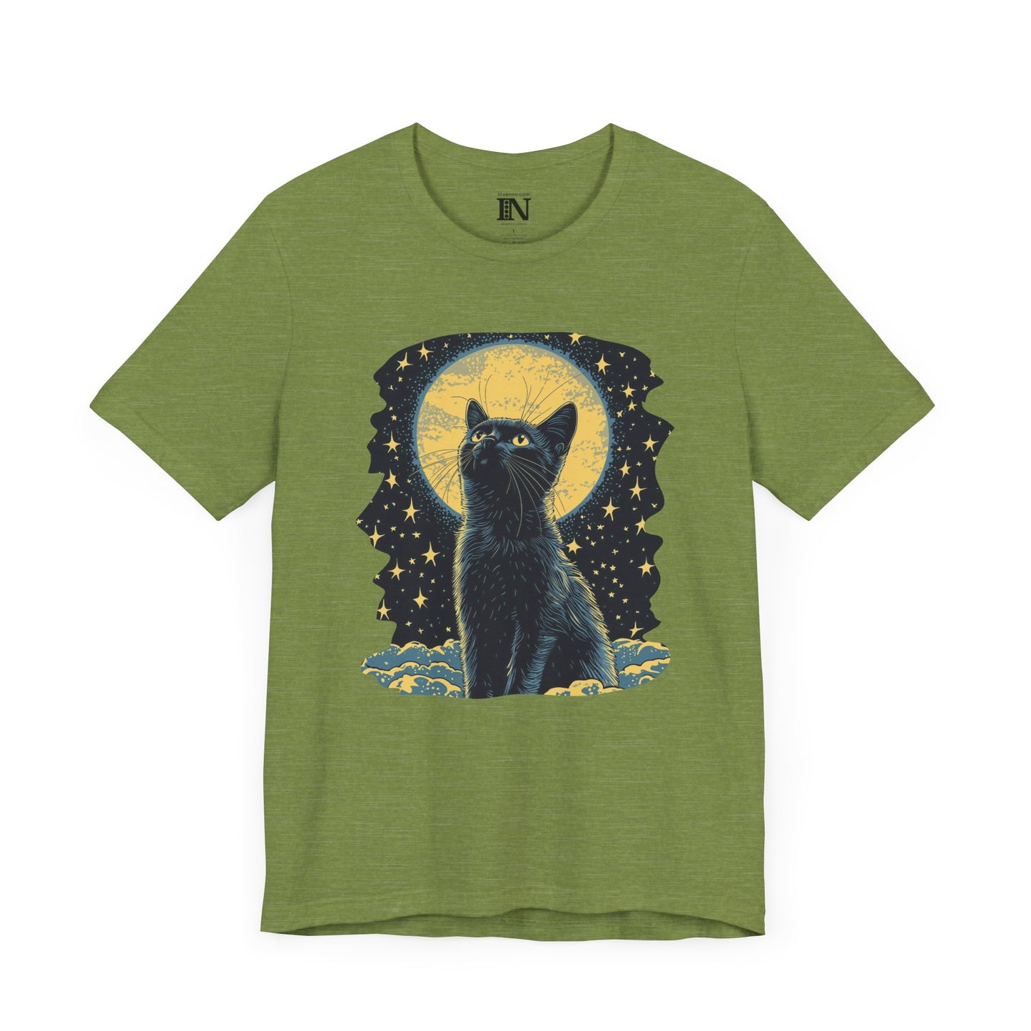Mystical Cat Graphic T-Shirt, Night Sky Tee, Celestial Moon Cat Shirt, Ethereal Feline Top, Magical Cat Apparel, Cat Lover Shirt
