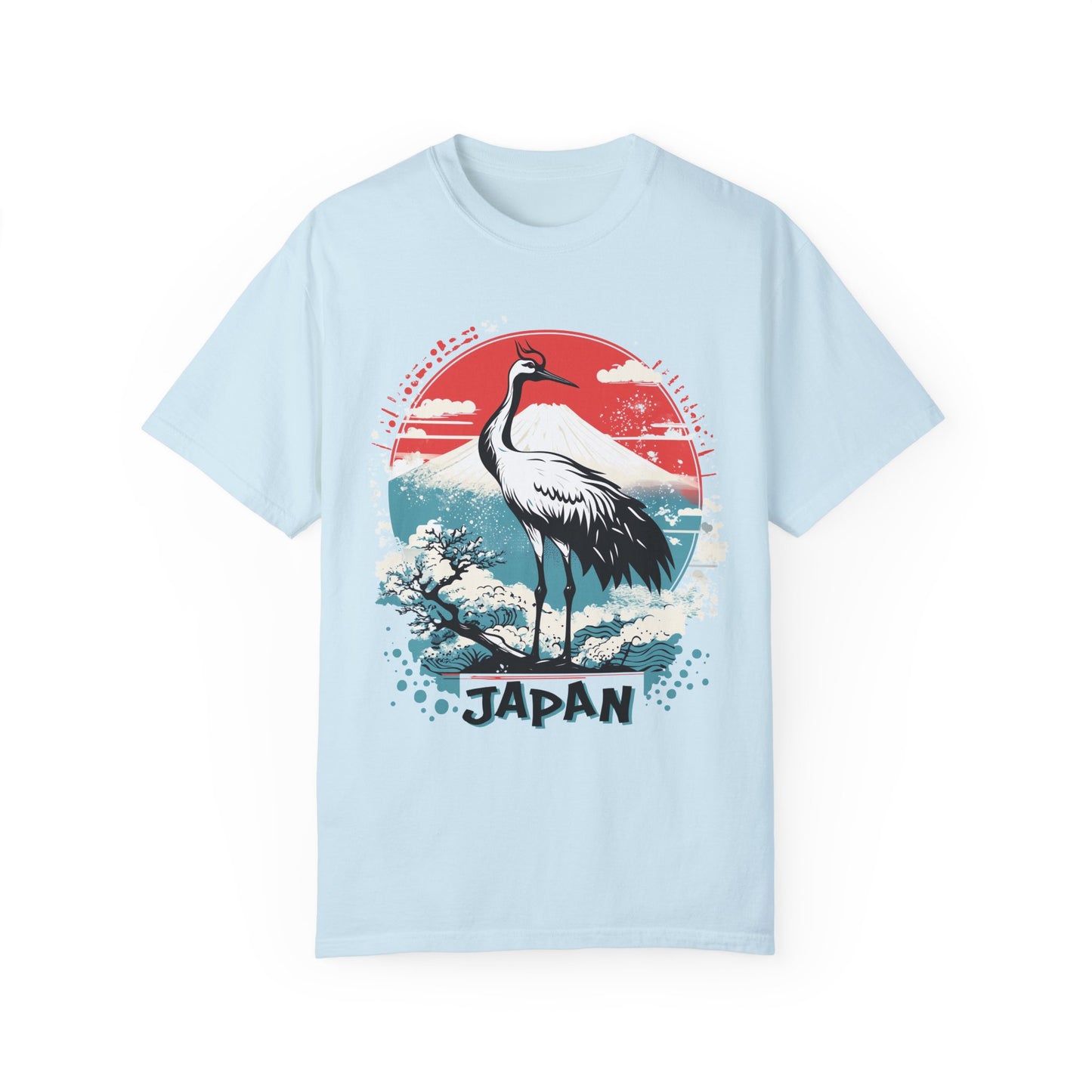 Comfort Colors Japanese Crane Shirt, Mount Fuji Tee, Unisex Graphic Top, Oriental Bird Shirt, Retro Neon Vibes Clothing, Travel Japan Shirt