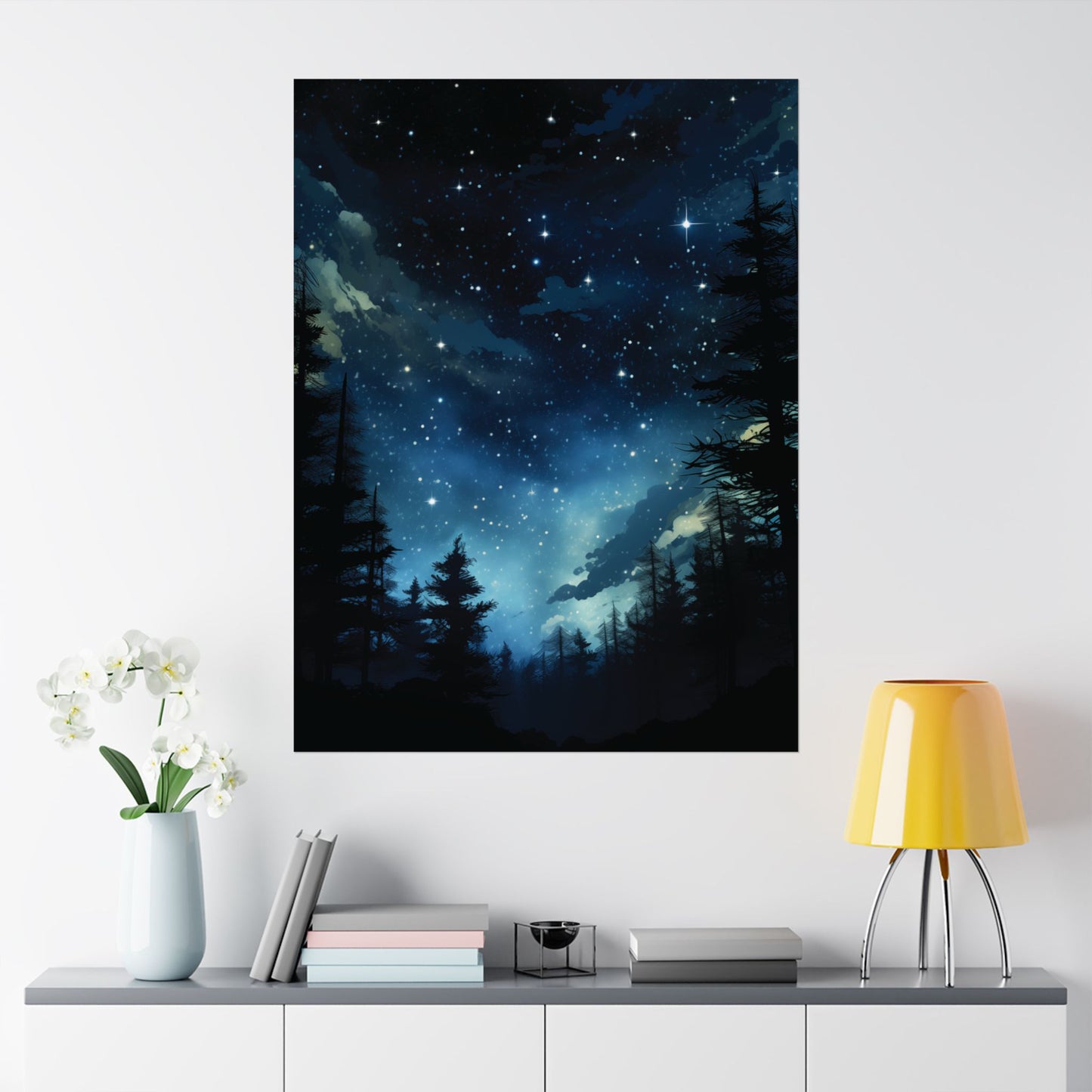 Night Sky Vertical Poster, Starry Forest Scene, Nature Lover Gift, Celestial Star Wall Art, Skyline Illustration Print, Astronomy Decor