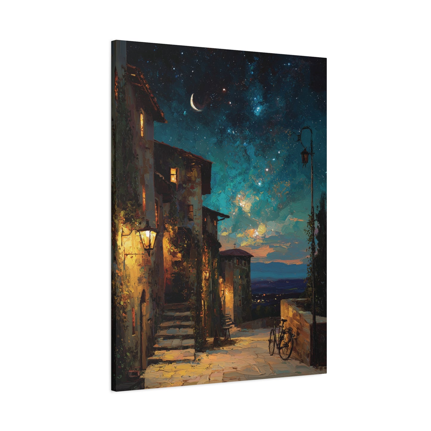 Painting of a street scene at night with a crescent moon and starry sky.