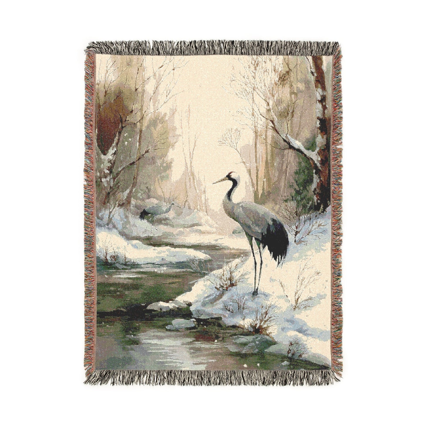 Crane Woven Blanket, Vintage Jacquard Style Winter Scene Tapestry, Snowy Forest Art Throw, Japanese Style Cottagecore Decor, Bird Lover Gift