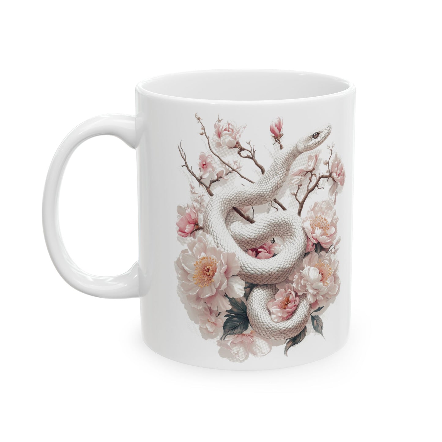 Snake and Floral Ceramic Mug, White Snake with Pink Flowers Coffee Cup, Watercolor Inspired Tea Mug, Delicate Serene Botanical Drinkware,