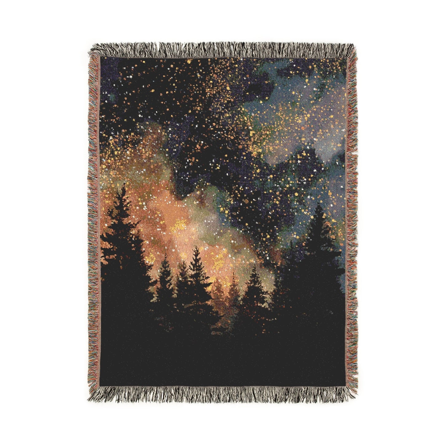 Starry Night Woven Blanket, Forest Galaxy Jacquard Tapestry, Celestial Wall Hanging, Cozy Cabin Throw, Woodland Pine Tree Art, Nature Lover