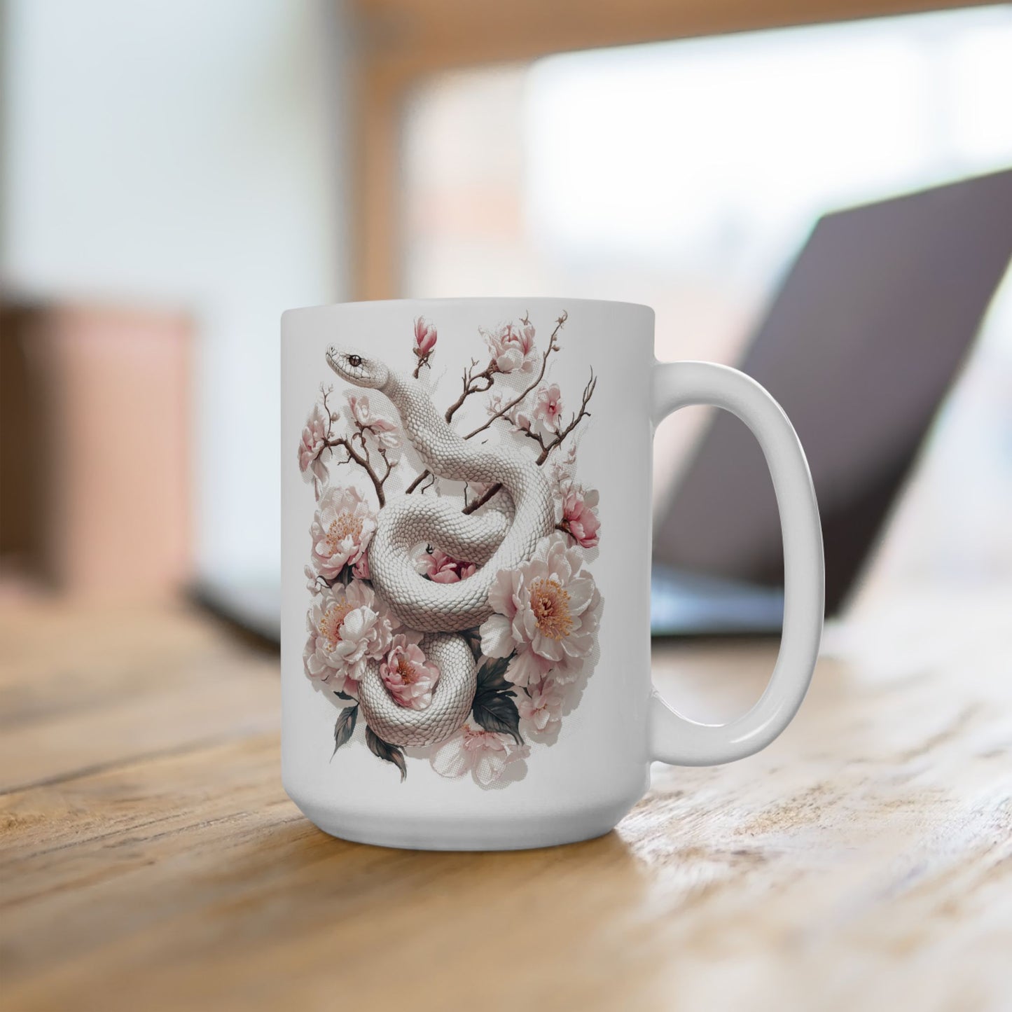 Snake and Floral Ceramic Mug, White Snake with Pink Flowers Coffee Cup, Watercolor Inspired Tea Mug, Delicate Serene Botanical Drinkware,