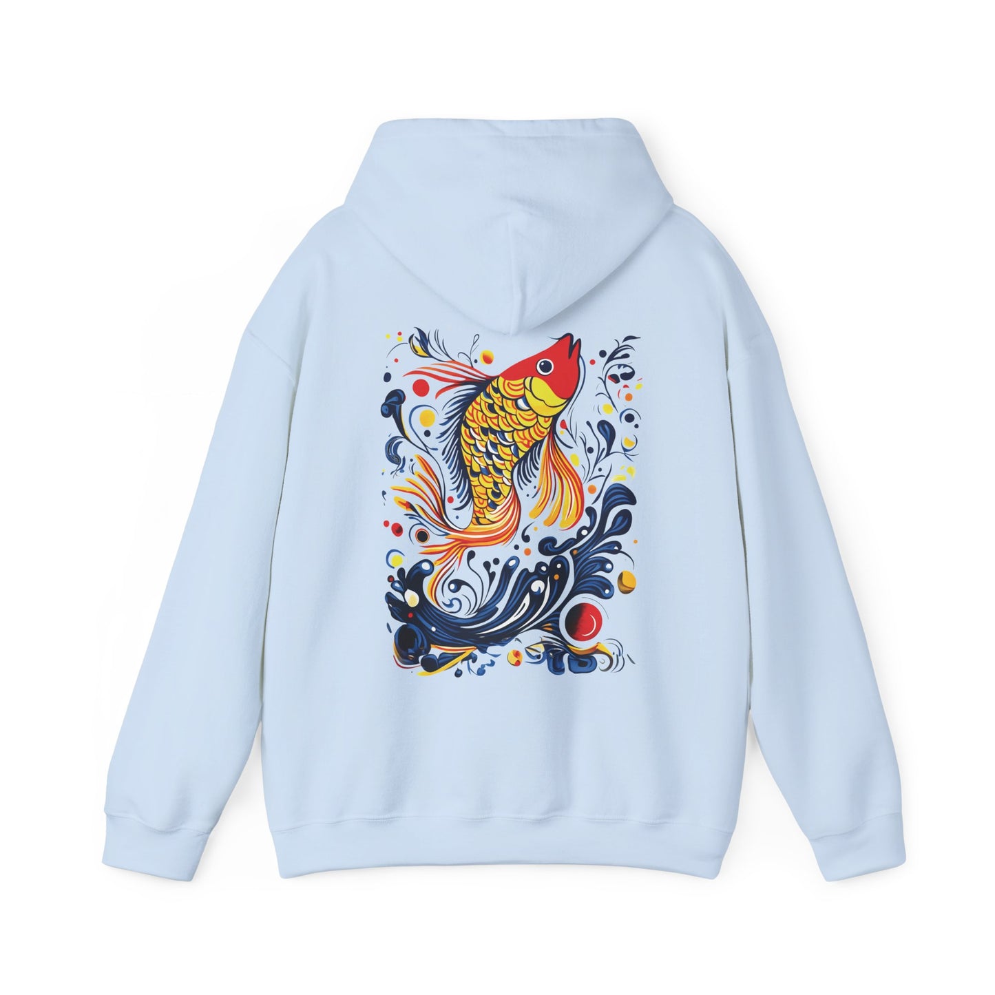 Colorful Fish Art Hoodie, Japanese Motifs Hoodie, Whimsical Water Splash Design, Vibrant Unisex Hooded Jumper, Unique Gift for Fish