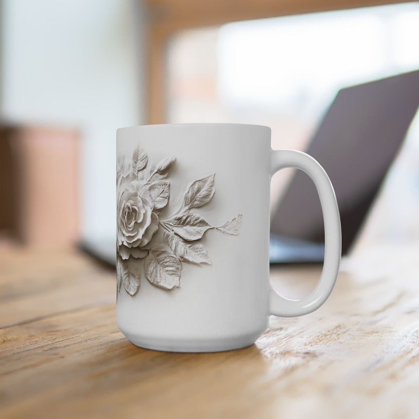 Personalized Elegant Rose Design Mug, Custom Faux Embossed Floral Print Ceramic Mug, Faux 3D Flower Mug, Flower Plaster Style Print Tea Cup