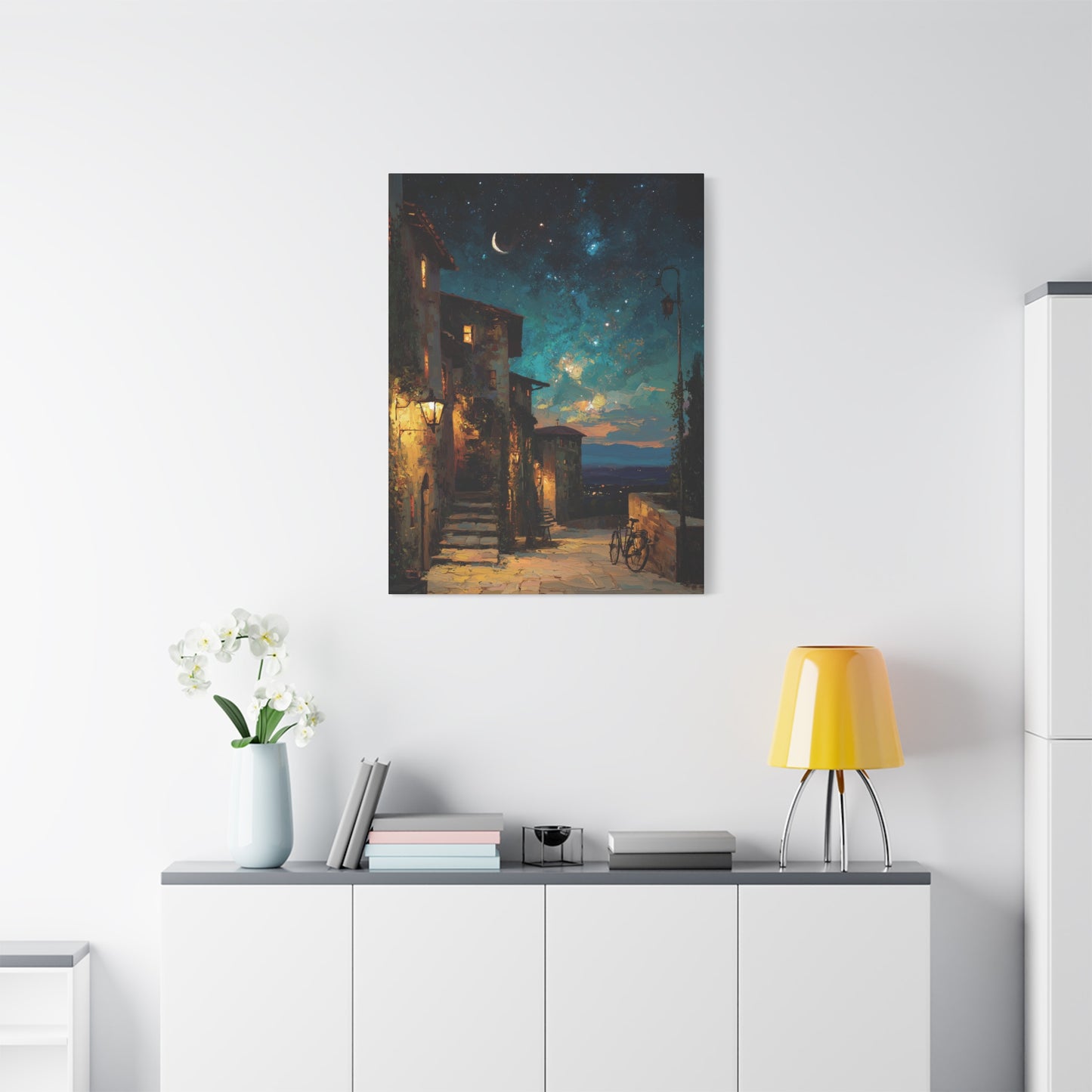 Enchanting European Village Night Sky Canvas Print Decor, Impressionistic Style Wall Art, Cozy Magical Living Room Bedroom Entryway Decor