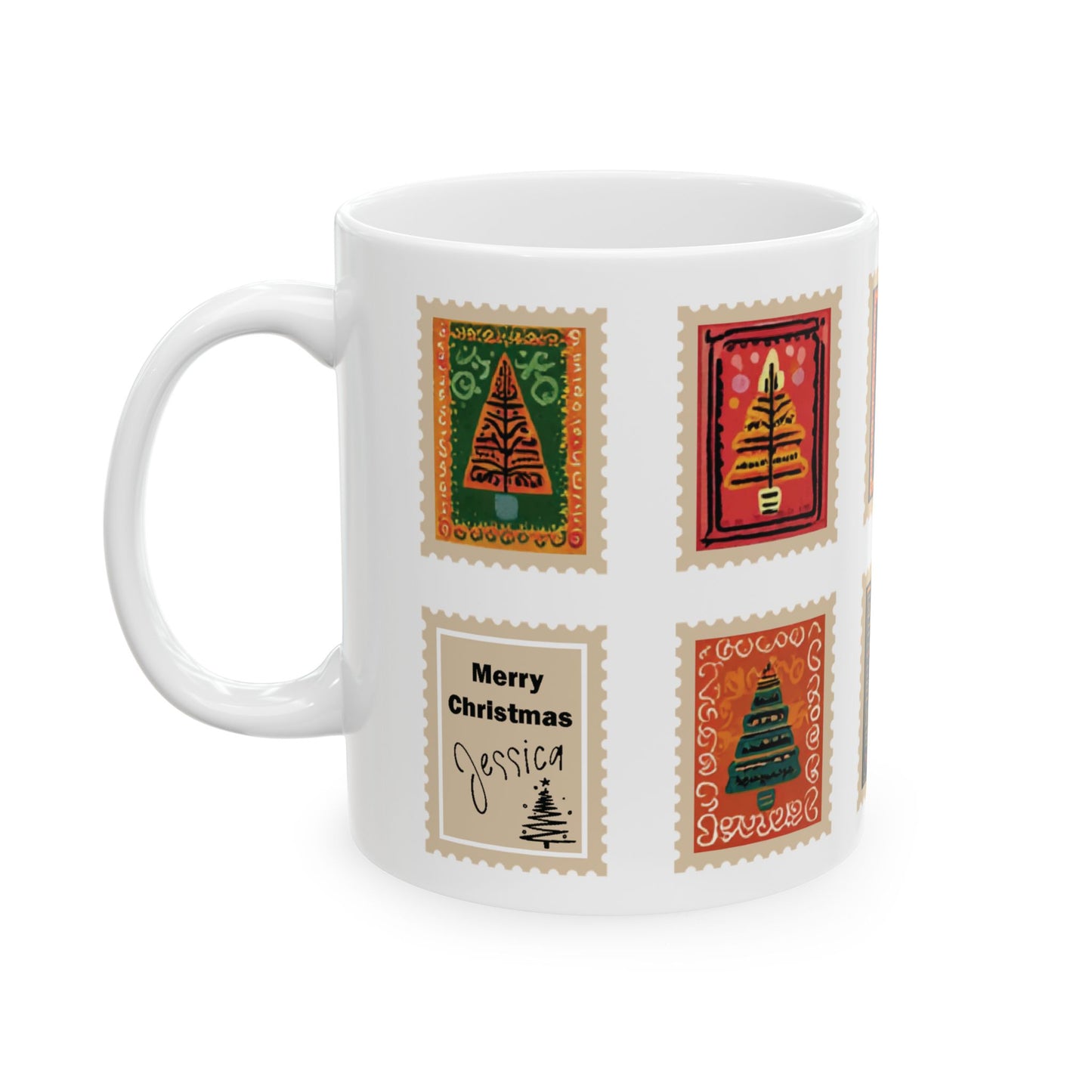 Custom Christmas Tree Stamp Ceramic Coffee Mug, Personalized Holiday Co-worker colleague Gift, Xmas Tea Cup, Home Decor, 11oz 15oz