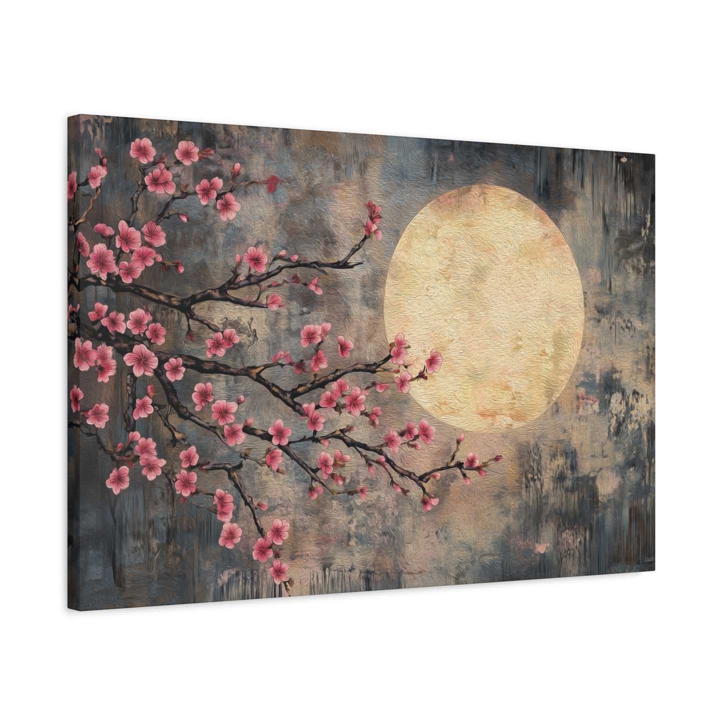 Cherry Blossom Branch Celestial Full Moon Canvas Print, Sakura Flower Wall Art Decor, Japanese Tree Canvas Art, Rustic Home Office Decor