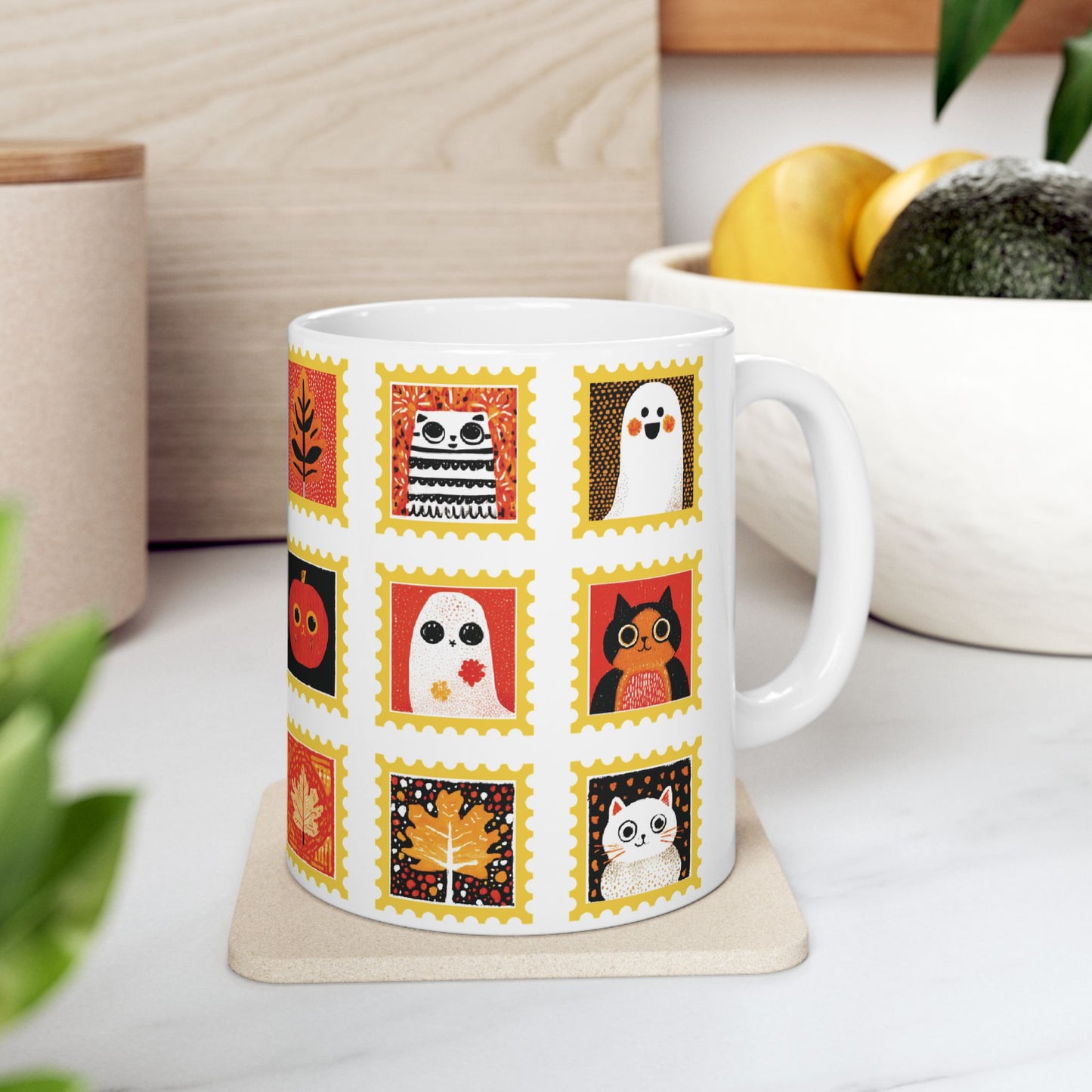 Autumn Halloween Ceramic Mug, Cozy Fall Coffee Cup with Cats, Pumpkins, Ghosts, Autumn Leaves, Thanksgiving Tea Cup, Autumn Home Decor