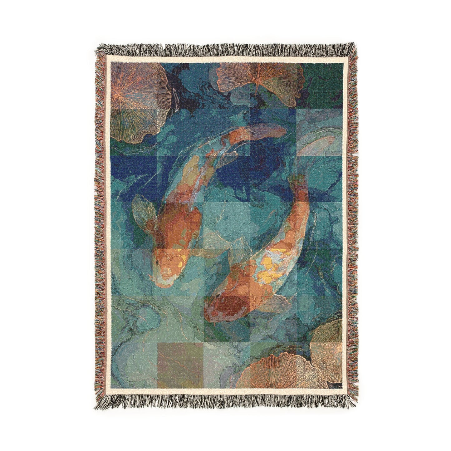 Koi Fish Pond Tapestry Throw Woven Blanket, Japanese Koi Home Decor, Artistic Textures Fringed Blanket, Living Room Sofa Bed Decoration