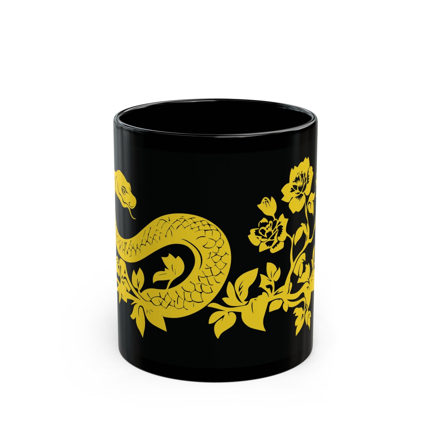 Snake Floral Mug, Chinese Papercut Artwork, Black Coffee Cup, Serpent Blossoms Tea Mug, Nature Harmony Gift, Minimalist Graphic Design