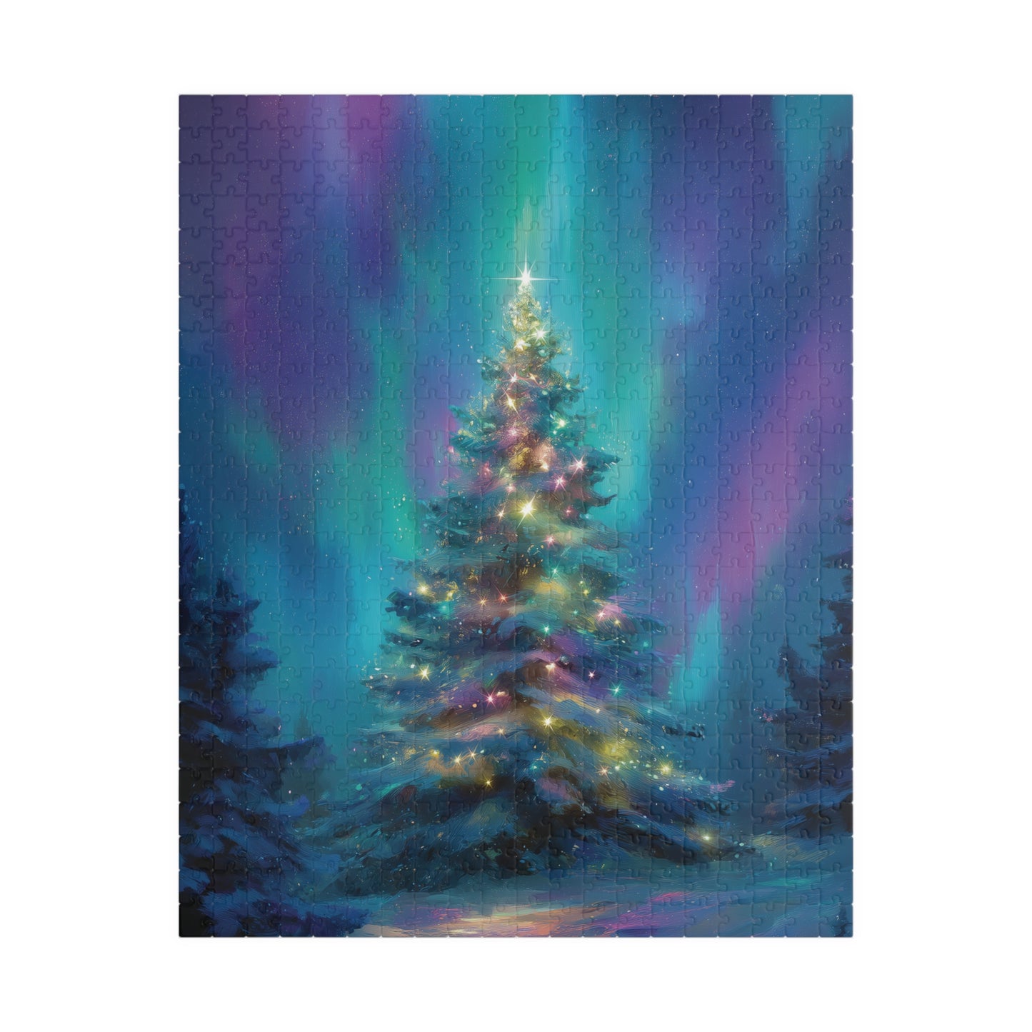 Christmas Tree Northern Lights Puzzle, Seasonal Winter Jigsaw Game, Xmas Holiday Gift for Puzzle Lovers - 110, 252, 520, 1014 pieces