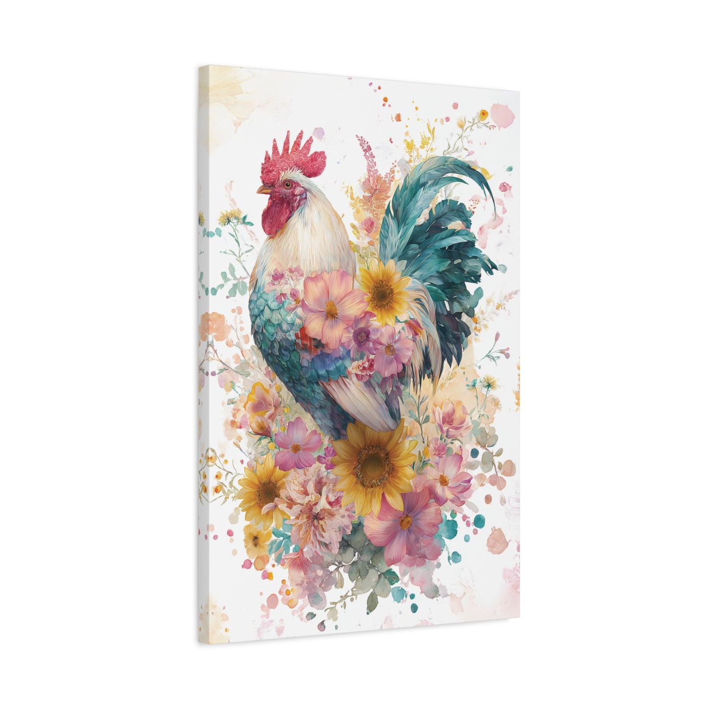 Floral Rooster Design Canvas Print Wall Art, Farmhouse Decor, Watercolor Style, Wildflower Sunflower Painting, Kitchen Livingroom Decor