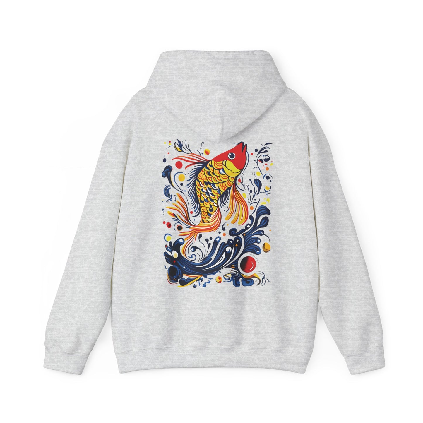 Colorful Fish Art Hoodie, Japanese Motifs Hoodie, Whimsical Water Splash Design, Vibrant Unisex Hooded Jumper, Unique Gift for Fish