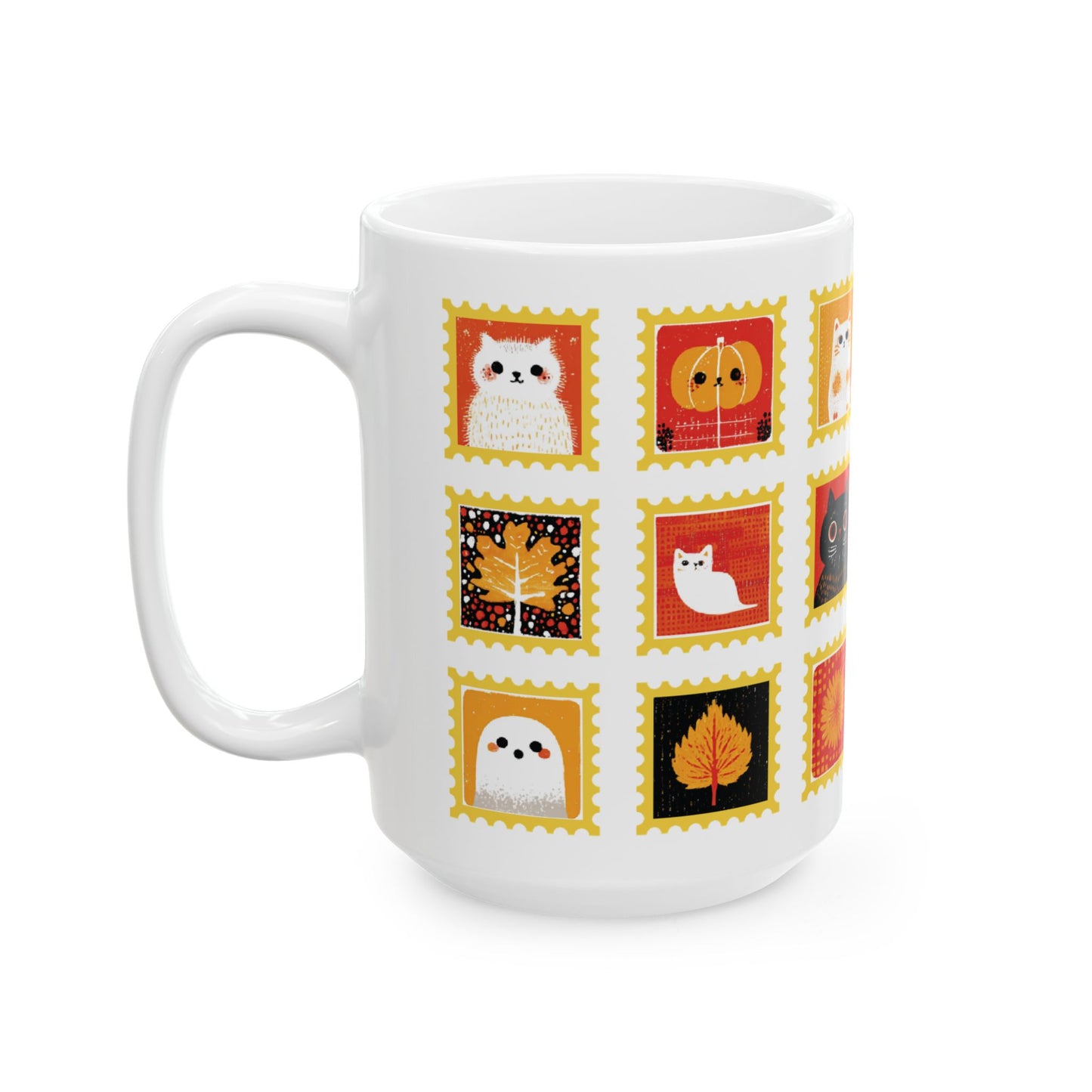 Autumn Halloween Ceramic Mug, Cozy Fall Coffee Cup with Cats, Pumpkins, Ghosts, Autumn Leaves, Thanksgiving Tea Cup, Autumn Home Decor