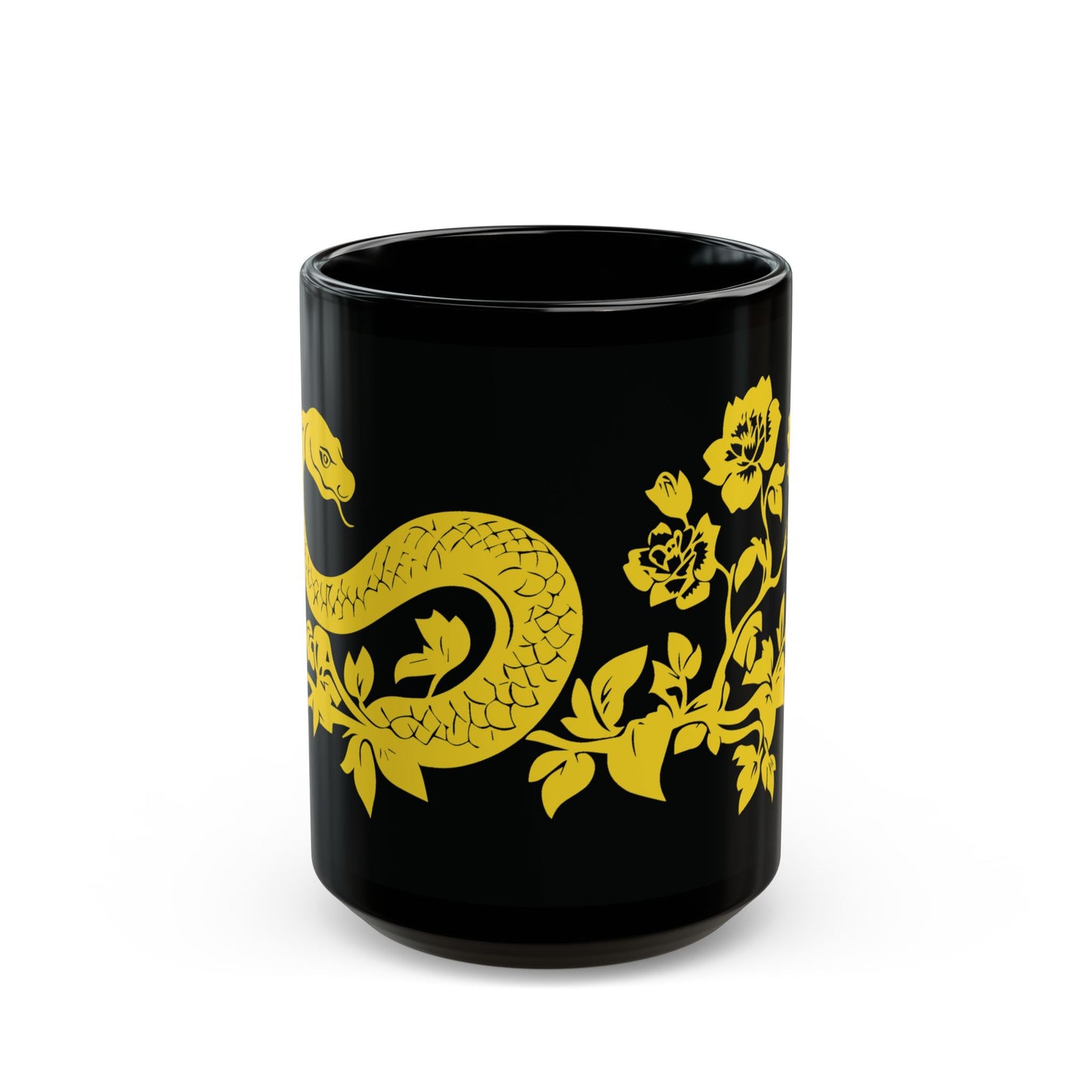 Snake Floral Mug, Chinese Papercut Artwork, Black Coffee Cup, Serpent Blossoms Tea Mug, Nature Harmony Gift, Minimalist Graphic Design