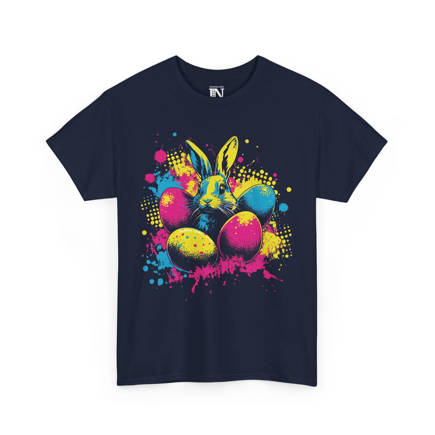 Easter Bunny Pop-Art Tee, Vibrant Graphic T-Shirt for Casual Wear, Neon Easter Rabbit Shirt, Festive Easter Egg Design, Playful Holiday Top