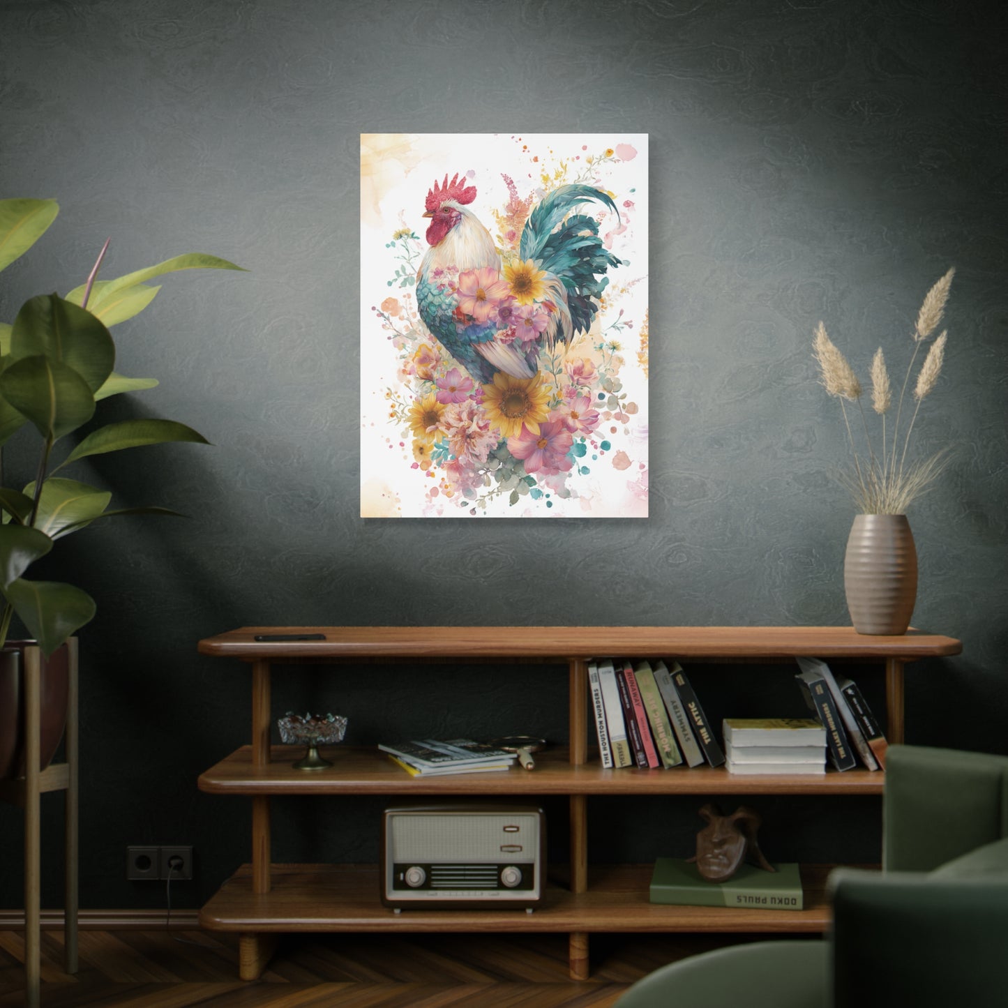 Floral Rooster Design Canvas Print Wall Art, Farmhouse Decor, Watercolor Style, Wildflower Sunflower Painting, Kitchen Livingroom Decor