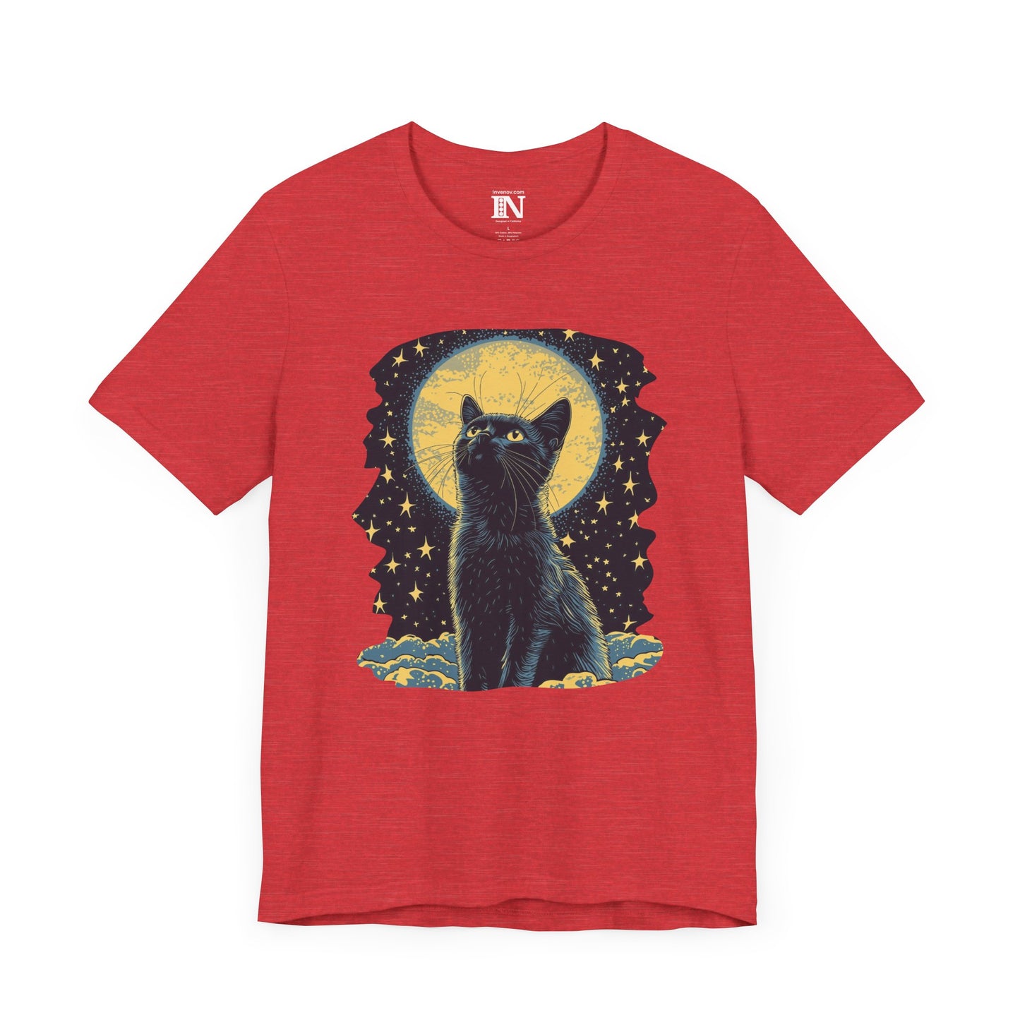 Mystical Cat Graphic T-Shirt, Night Sky Tee, Celestial Moon Cat Shirt, Ethereal Feline Top, Magical Cat Apparel, Cat Lover Shirt