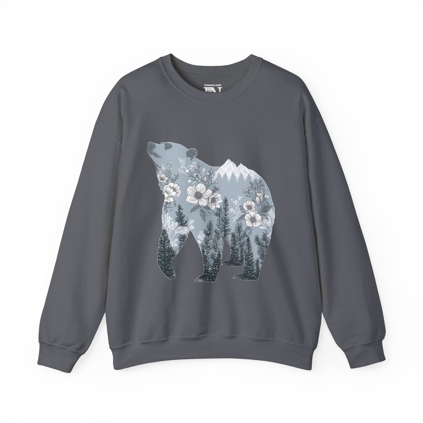 Bear Silhouette Mountain Landscape Crewneck Sweatshirt, Wilderness & Botanical Nature Design, Outdoor Adventure Gift, Winter Hiking Apparel