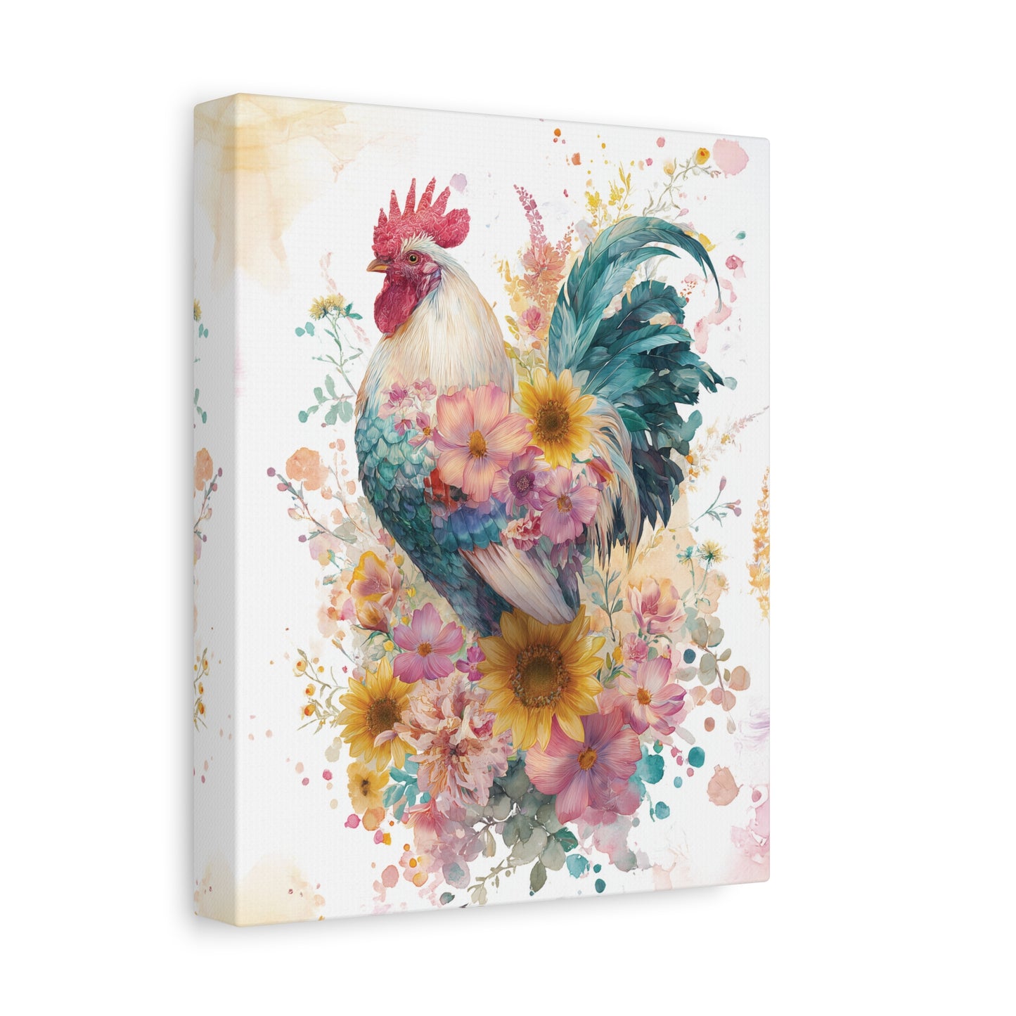 Floral Rooster Design Canvas Print Wall Art, Farmhouse Decor, Watercolor Style, Wildflower Sunflower Painting, Kitchen Livingroom Decor