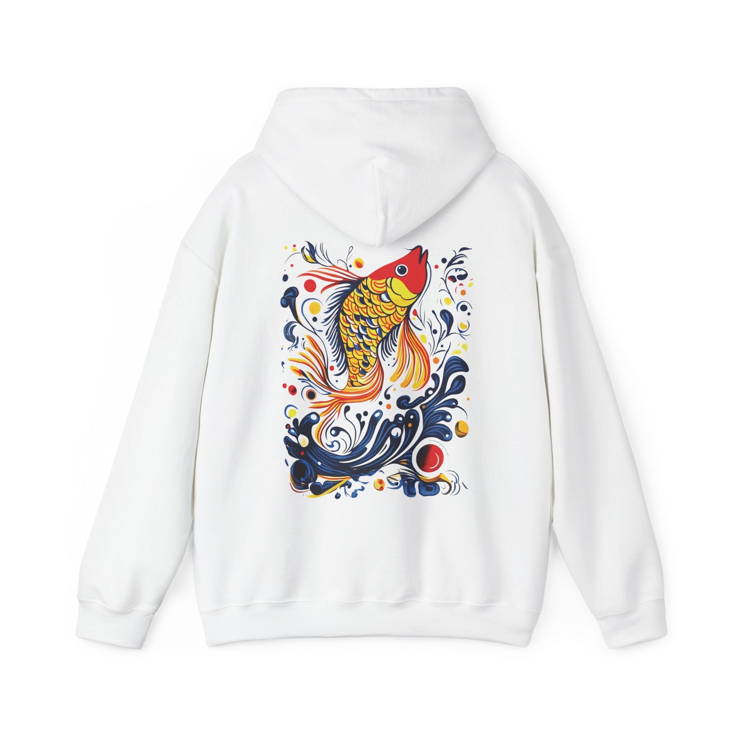 Colorful Fish Art Hoodie, Japanese Motifs Hoodie, Whimsical Water Splash Design, Vibrant Unisex Hooded Jumper, Unique Gift for Fish