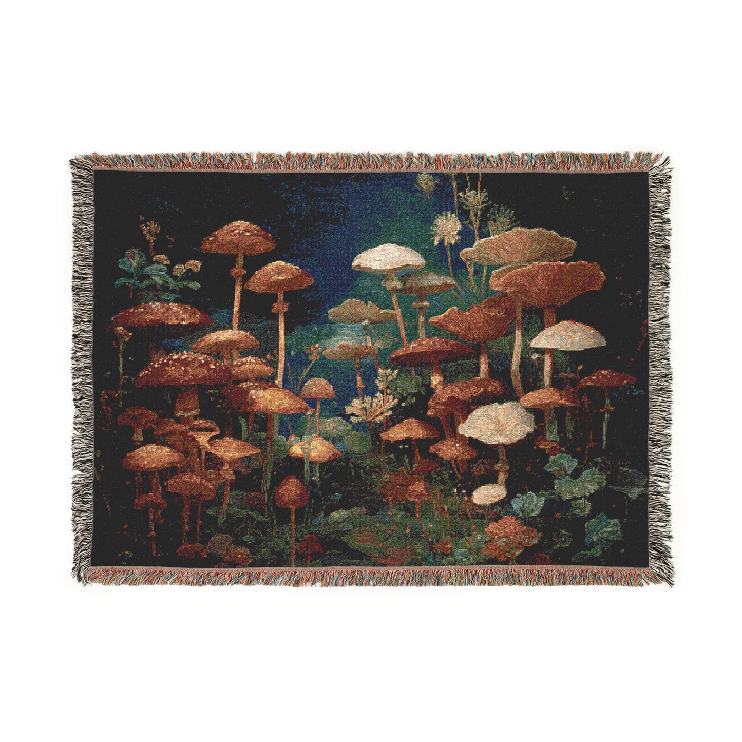 Mushroom Forest Scene Woven Blanket, Earthy Tones Cottagecore Cozy Tapestry, Nature Lovers Throw, Magical Whimsical Mushroom Home Decor