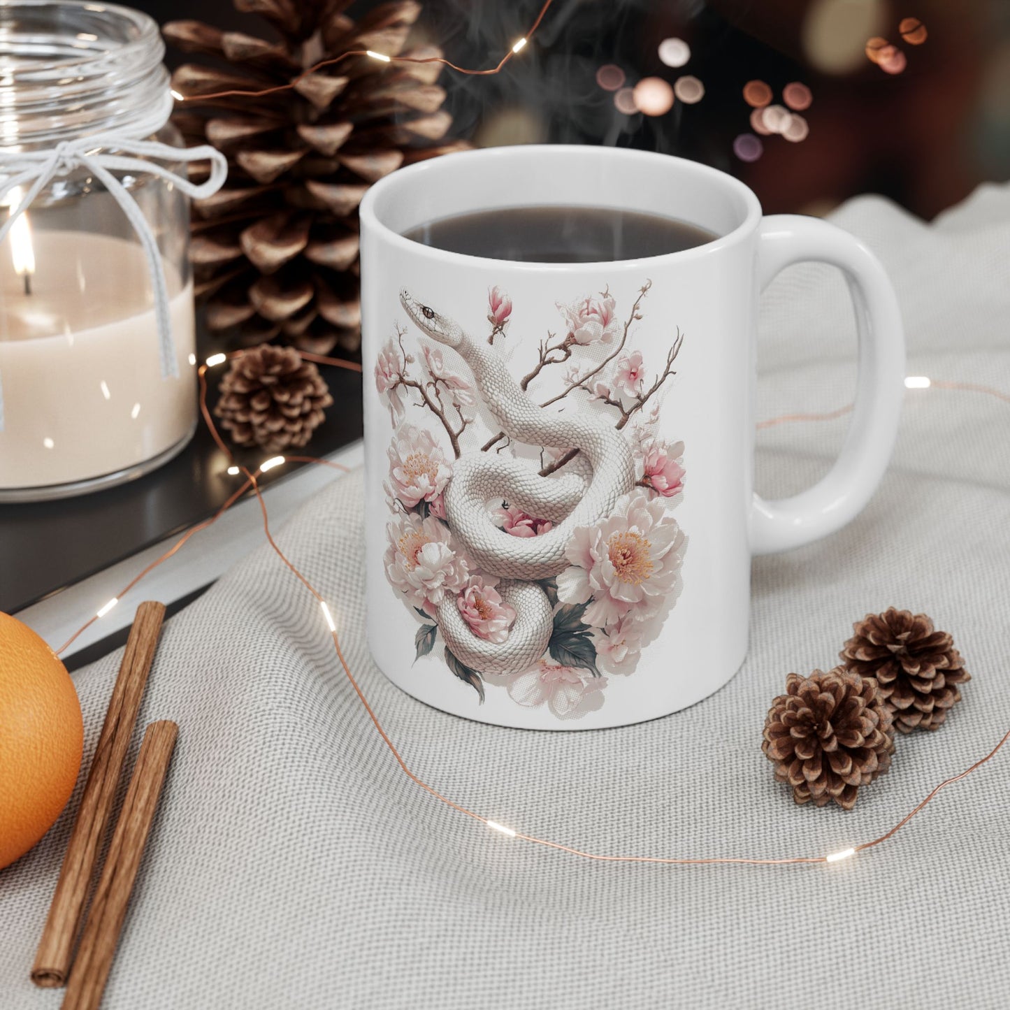 Snake and Floral Ceramic Mug, White Snake with Pink Flowers Coffee Cup, Watercolor Inspired Tea Mug, Delicate Serene Botanical Drinkware,