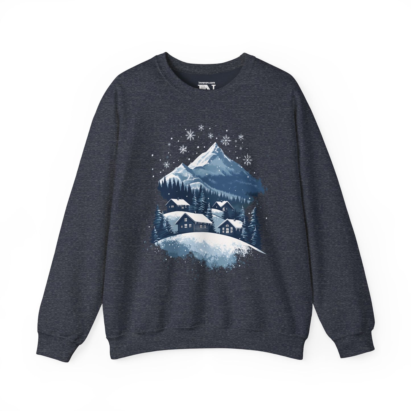 Winter Serenity Graphic Sweatshirt, Peaceful Snowy Mountain Scene, Cozy Cabin, Minimalist Snowfall Design, Soft Blue White Silver Tone