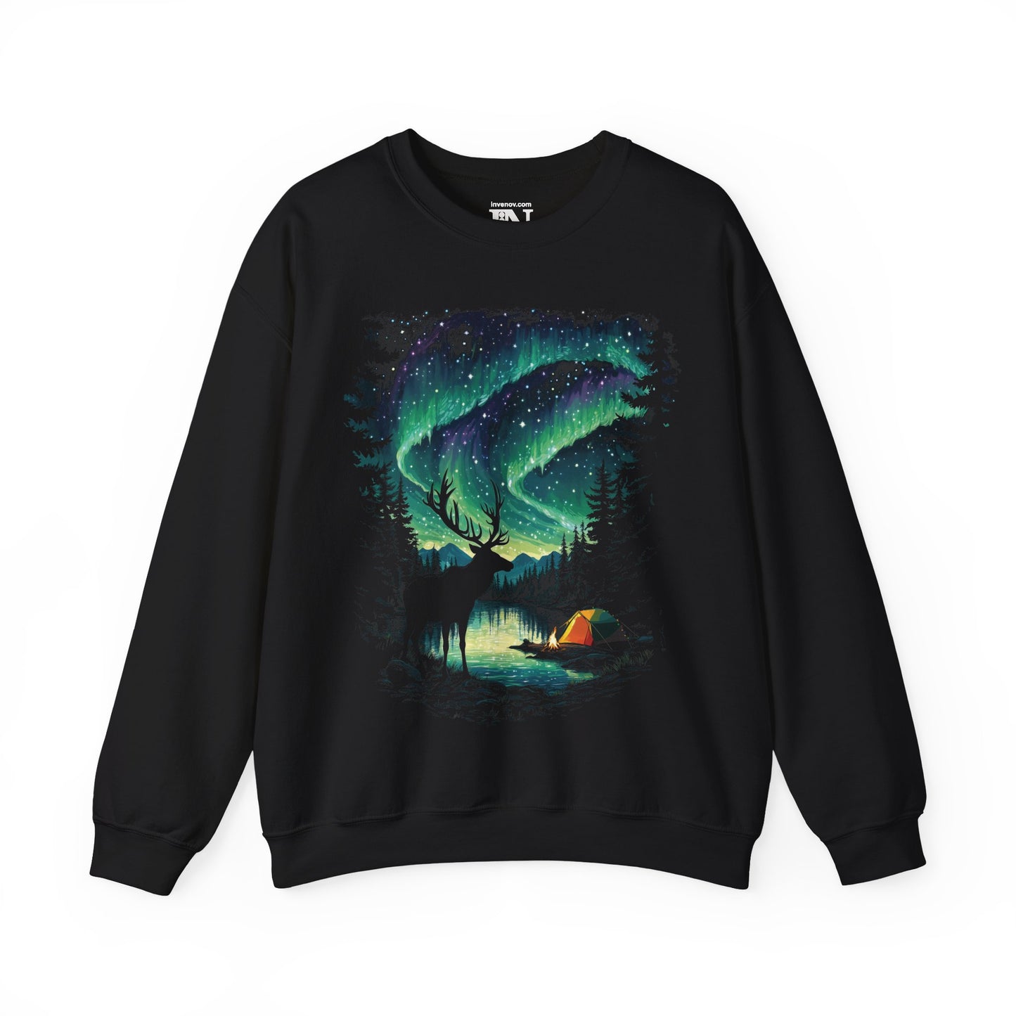 Elk Northern Lights Crewneck Sweatshirt, Majestic Forest Night Scene, Christmas Lights Lake Apparel, Nature Lover Gift, Wilderness Wildlife