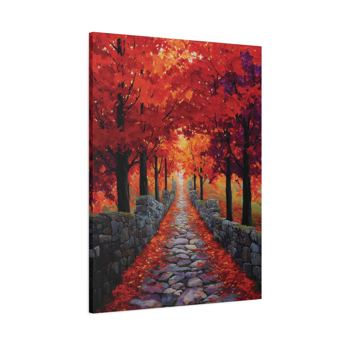 Autumn Pathway Canvas Wall Art, Red and Orange Fall Forest Painting Print, Impressionist Landscape Print, Stone Bridge Walkway Decor