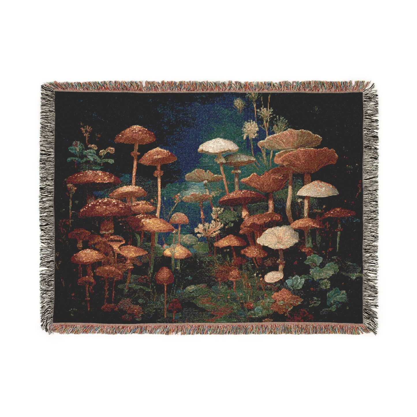 Mushroom Forest Scene Woven Blanket, Earthy Tones Cottagecore Cozy Tapestry, Nature Lovers Throw, Magical Whimsical Mushroom Home Decor