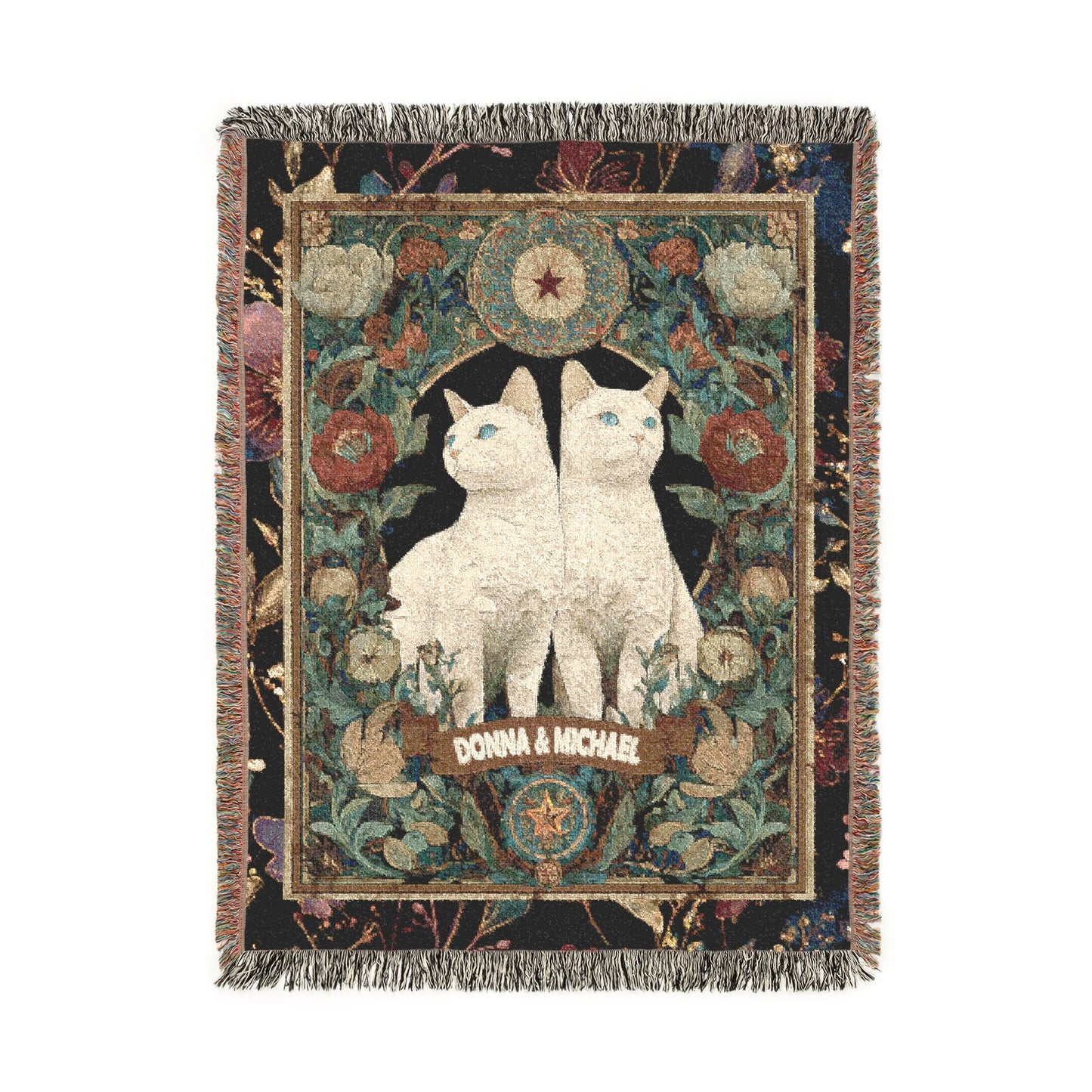 Personalized Cat Woven Blanket, Custom Couple Names Tapestry, Art Nouveau Wedding Gift, Jacquard Throw, Celestial White Cat Lover Decor