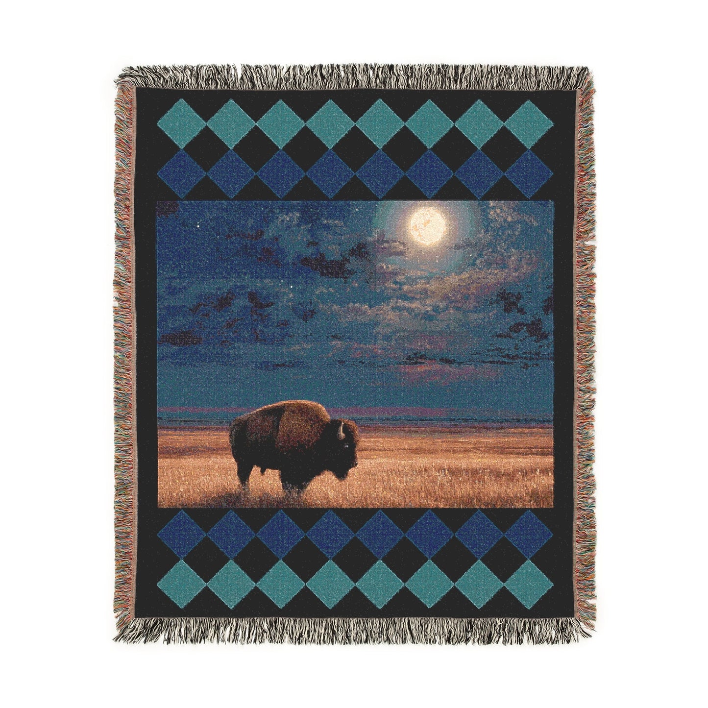 Southwestern Bison Woven Blanket, Celestial Night Bison Buffalo Cozy Throw, Moon Wall Hanging, Wildlife Lover Gift, Rustic Home Accent