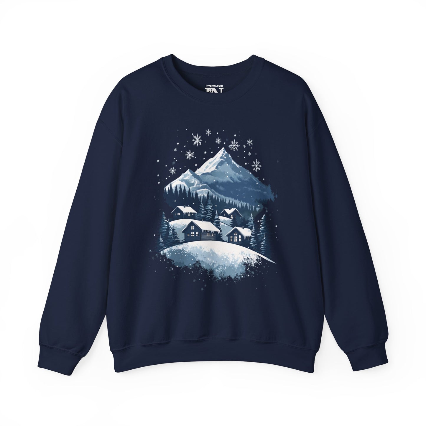 Winter Serenity Graphic Sweatshirt, Peaceful Snowy Mountain Scene, Cozy Cabin, Minimalist Snowfall Design, Soft Blue White Silver Tone