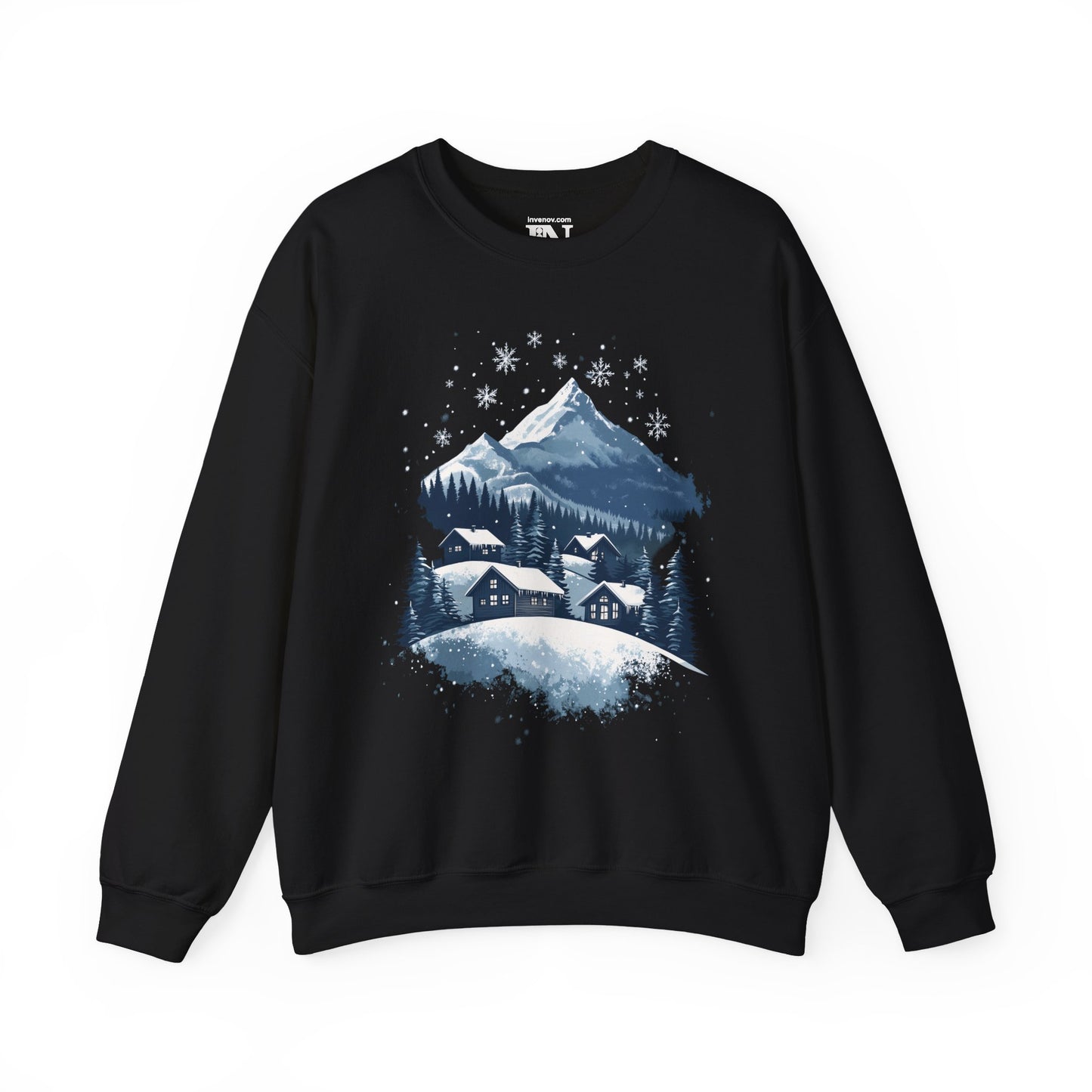 Winter Serenity Graphic Sweatshirt, Peaceful Snowy Mountain Scene, Cozy Cabin, Minimalist Snowfall Design, Soft Blue White Silver Tone