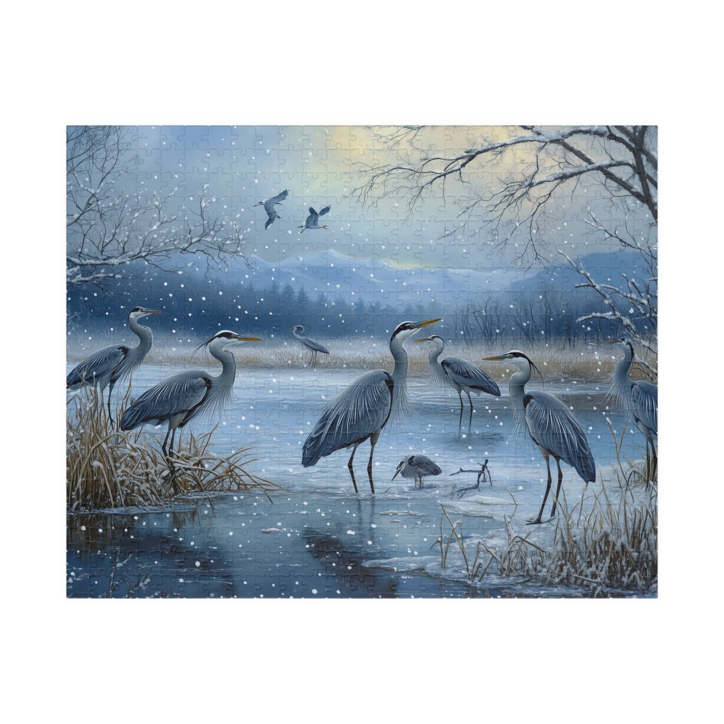 Majestic Blue Herons Winter Scene Jigsaw Puzzle, Beautiful Cranes Puzzle, Nature Lovers Gift, Family Game Fun Activity, Home Decoration