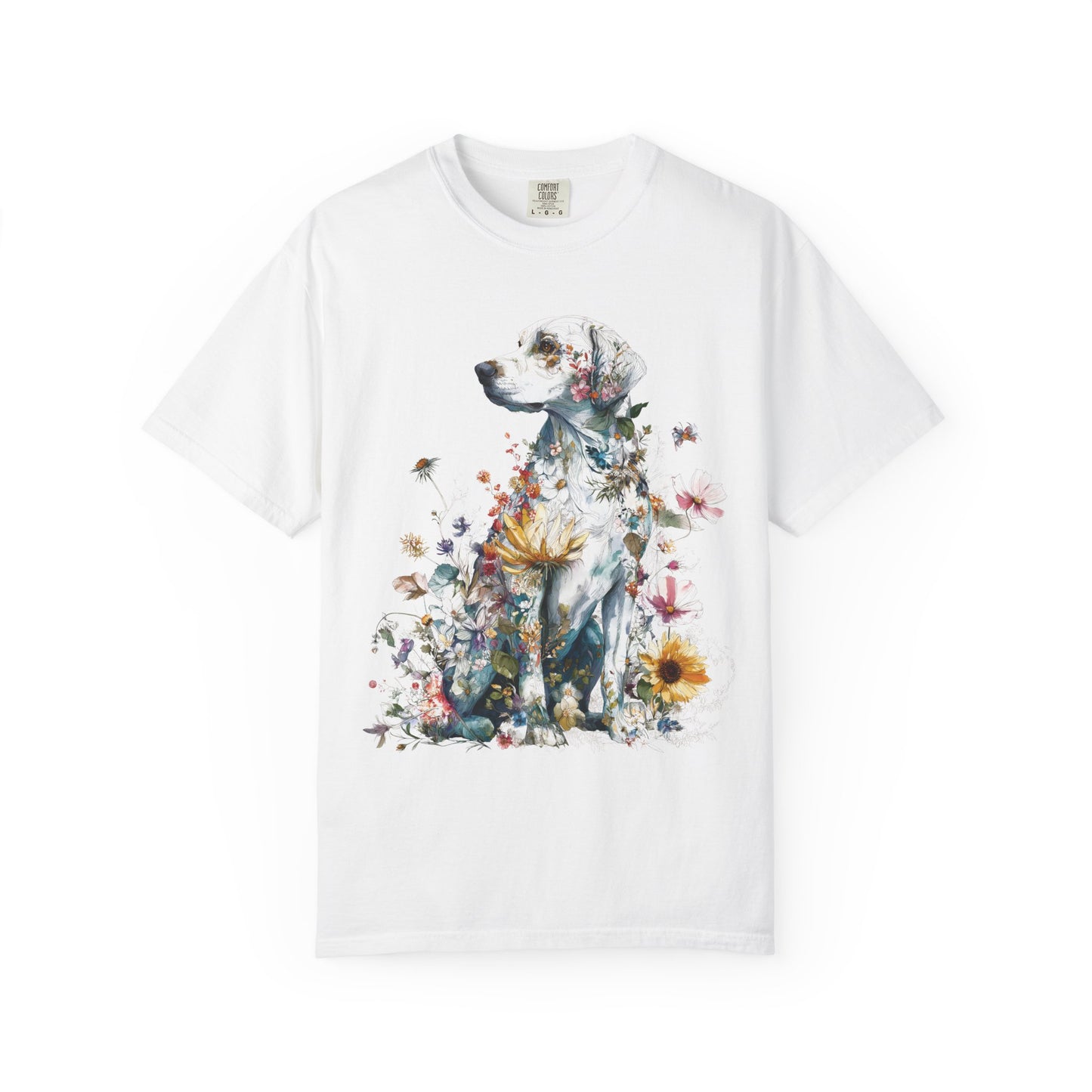 Comfort Colors Dog and Floral Graphic Shirt, Cute Dog Pose Tee, Watercolor Style Art Shirt, Botanical Illustration Top, Floral Garden Shirt