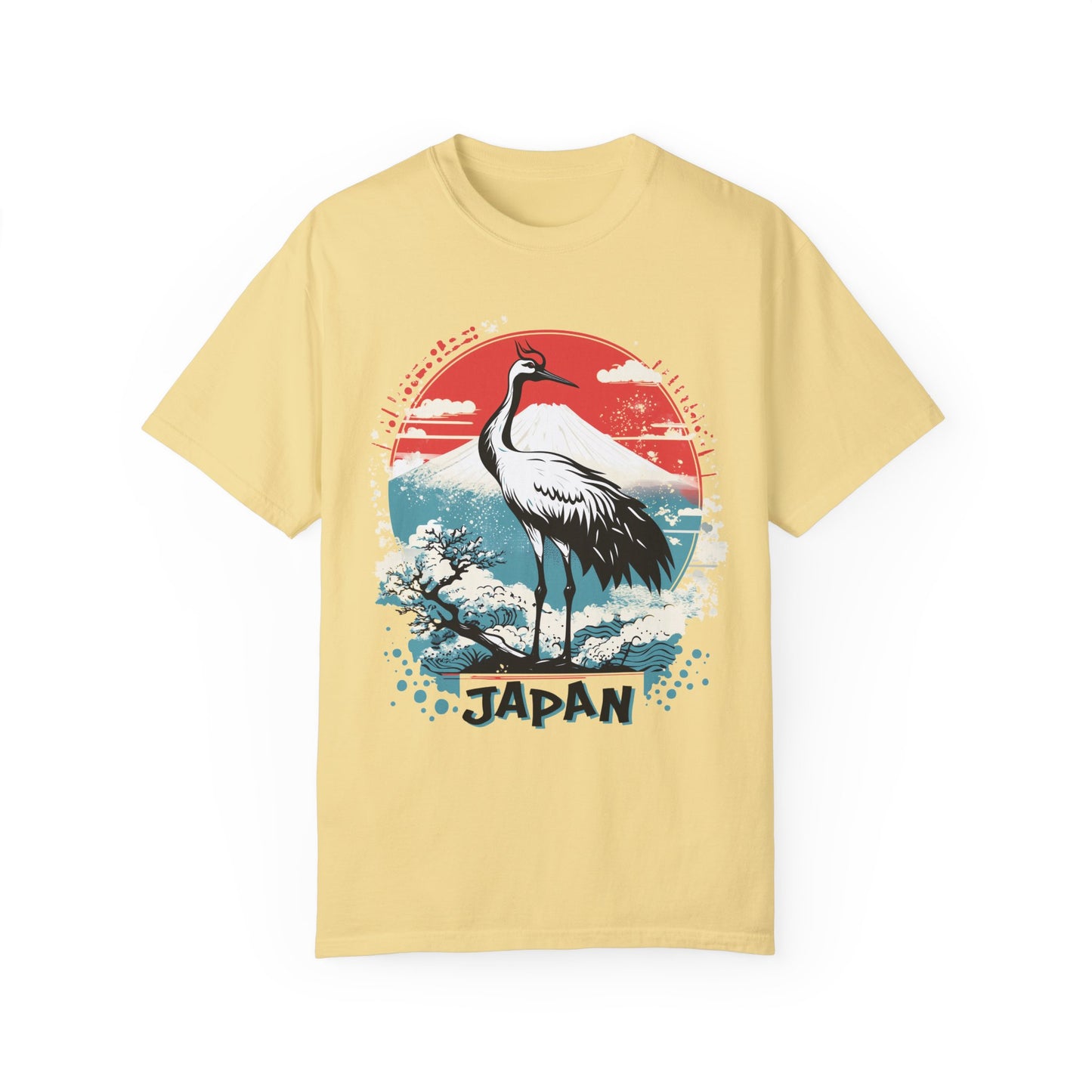 Comfort Colors Japanese Crane Shirt, Mount Fuji Tee, Unisex Graphic Top, Oriental Bird Shirt, Retro Neon Vibes Clothing, Travel Japan Shirt