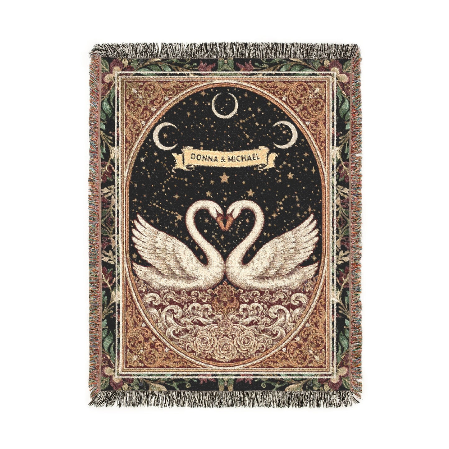 Personalized Swan Woven Blanket, Custom Couple Names Tapestry, Valentine's Day Jacquard Romantic Anniversary Throw, Starry Night Decor