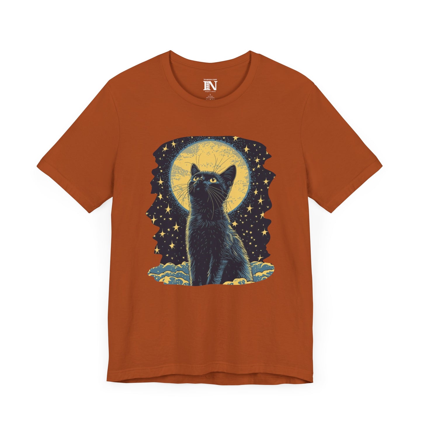 Mystical Cat Graphic T-Shirt, Night Sky Tee, Celestial Moon Cat Shirt, Ethereal Feline Top, Magical Cat Apparel, Cat Lover Shirt