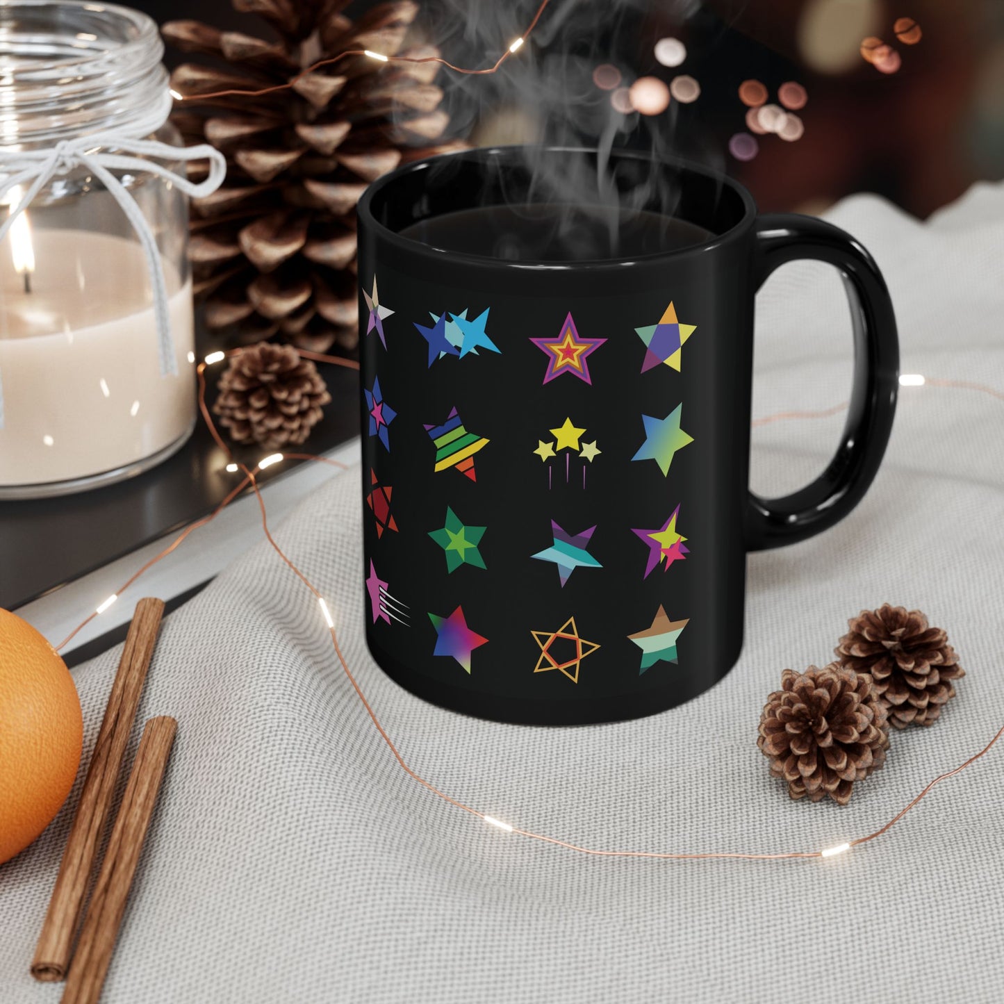 Christmas Coffee Cup with Colorful Stars, Rainbow Festive Mug, Holiday Gift Idea, Xmas Kitchen Decor, Hot Cocoa Mug, Winter Season Tea Cup