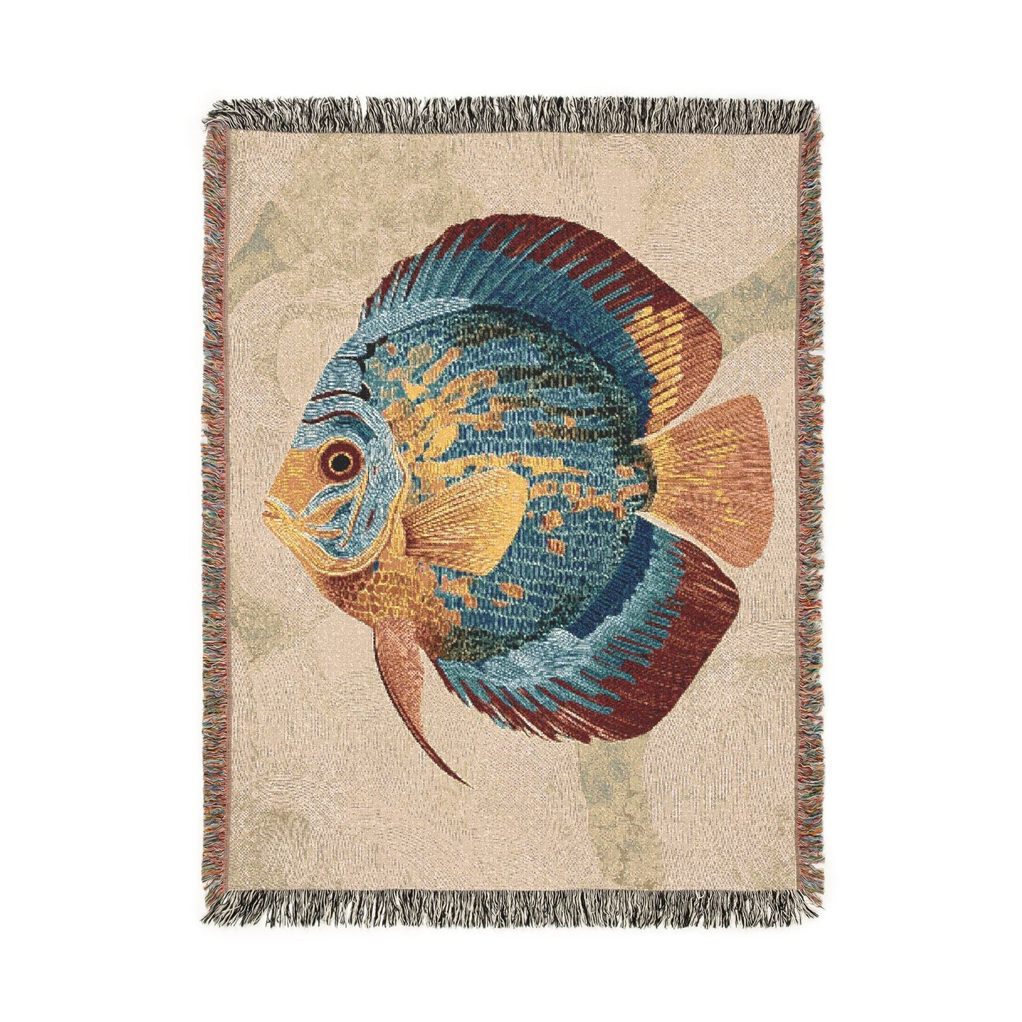 Discus Fish Woven Blanket, Vibrant Underwater Serenity Throw, Coastal Home Decor, Artistic Fringed Couch Blanket, Beach Picnic Blanket